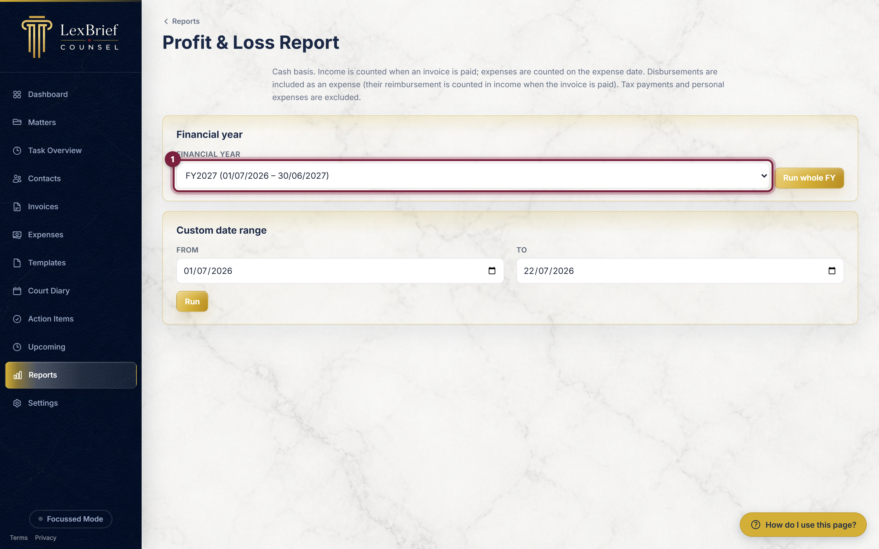 The Profit and Loss report form with the financial-year list circled