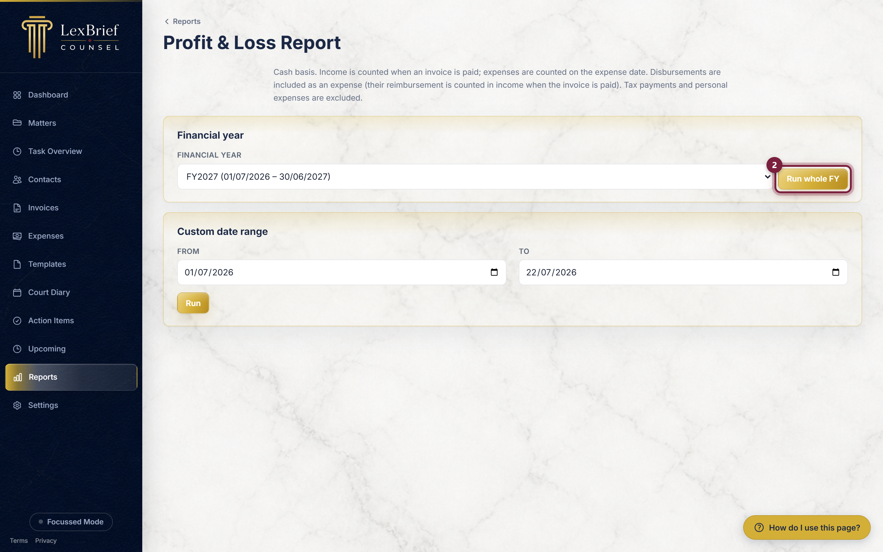 The Run button on the Profit and Loss report form, circled