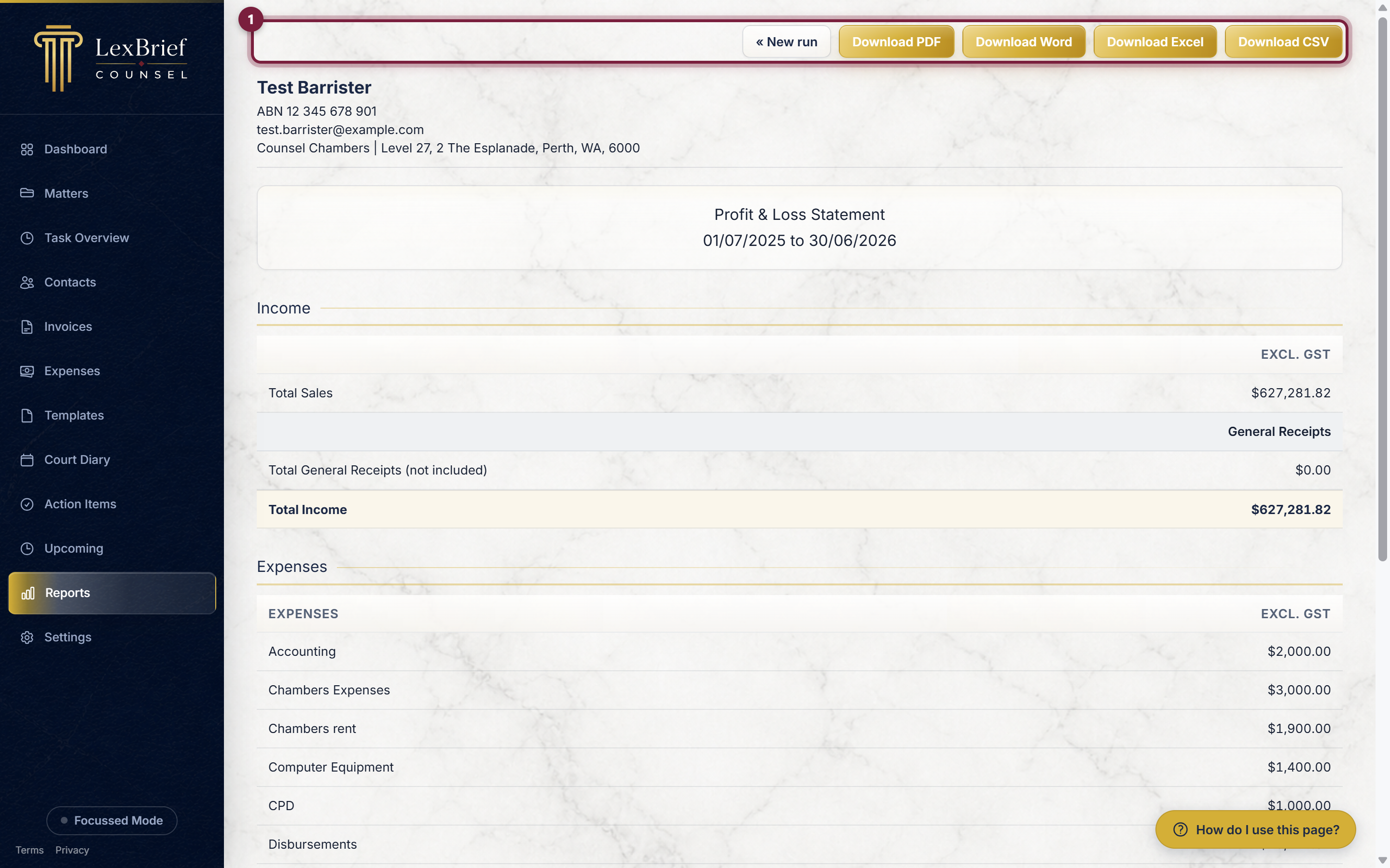 The Download PDF, Word, Excel and CSV buttons at the top of a report, circled