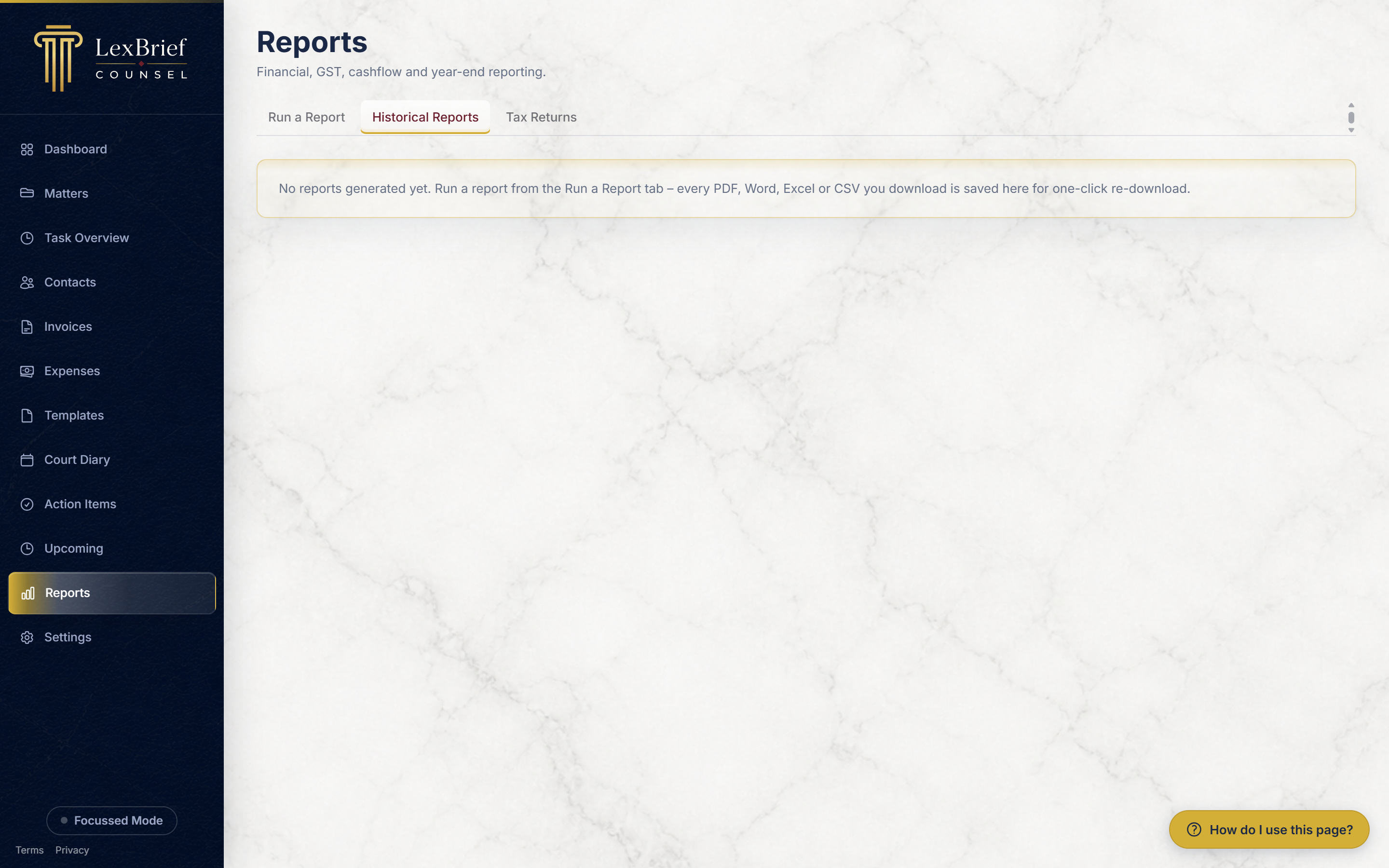 The Historical Reports tab, listing recently generated reports with a Download button on each