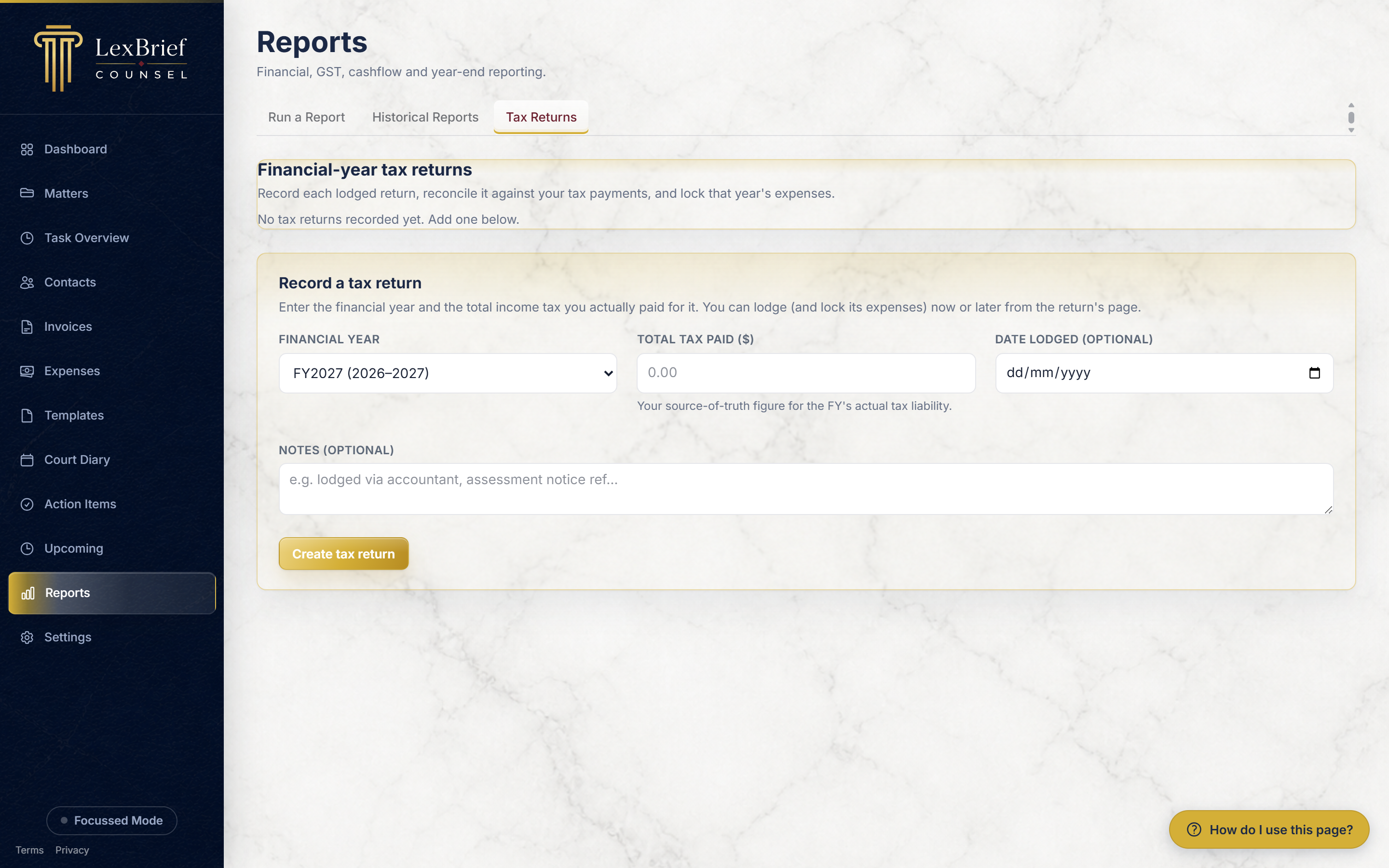 The Tax Returns tab, with a list of recorded returns and a form to add one