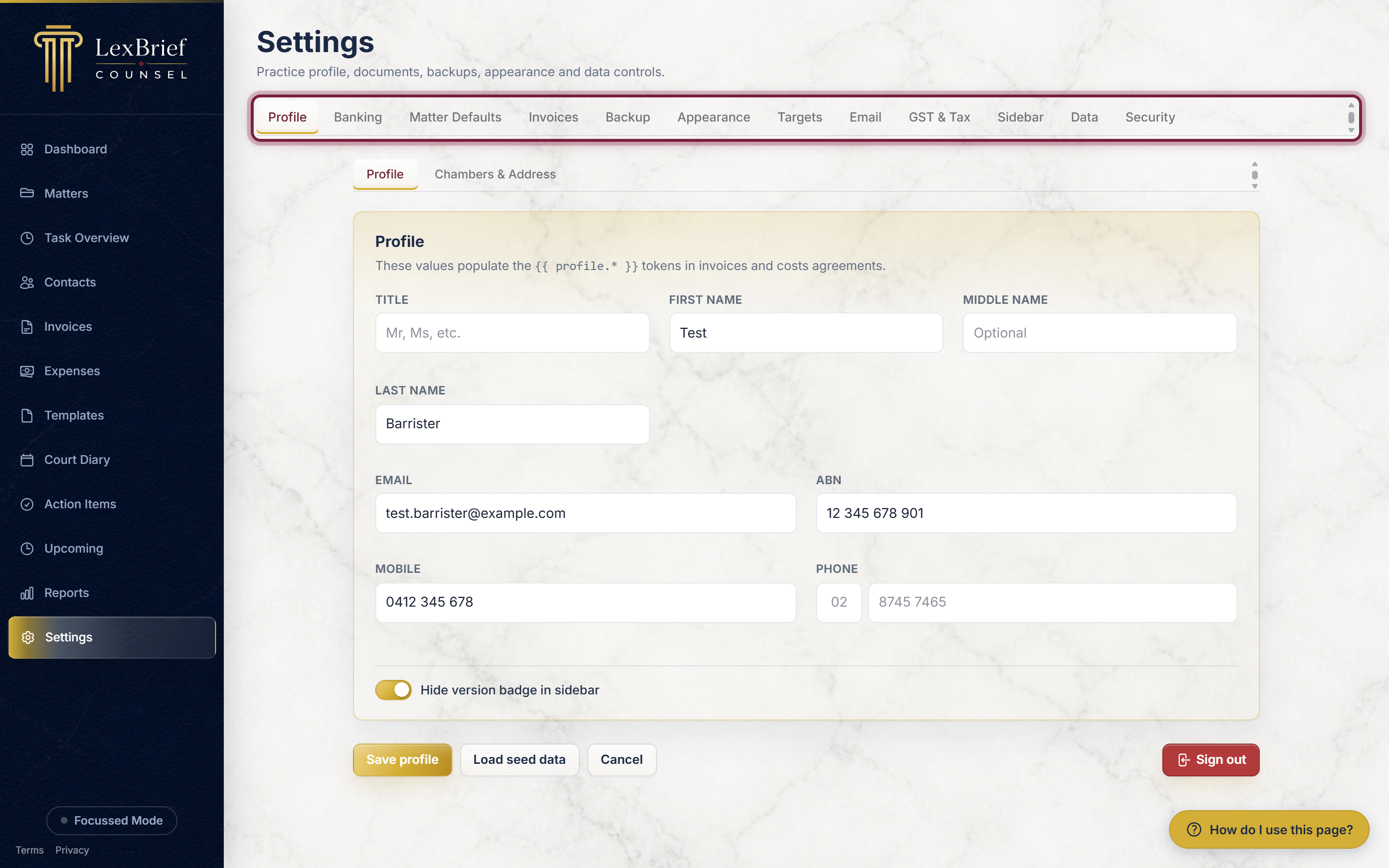 The Settings page with the row of tabs across the top highlighted