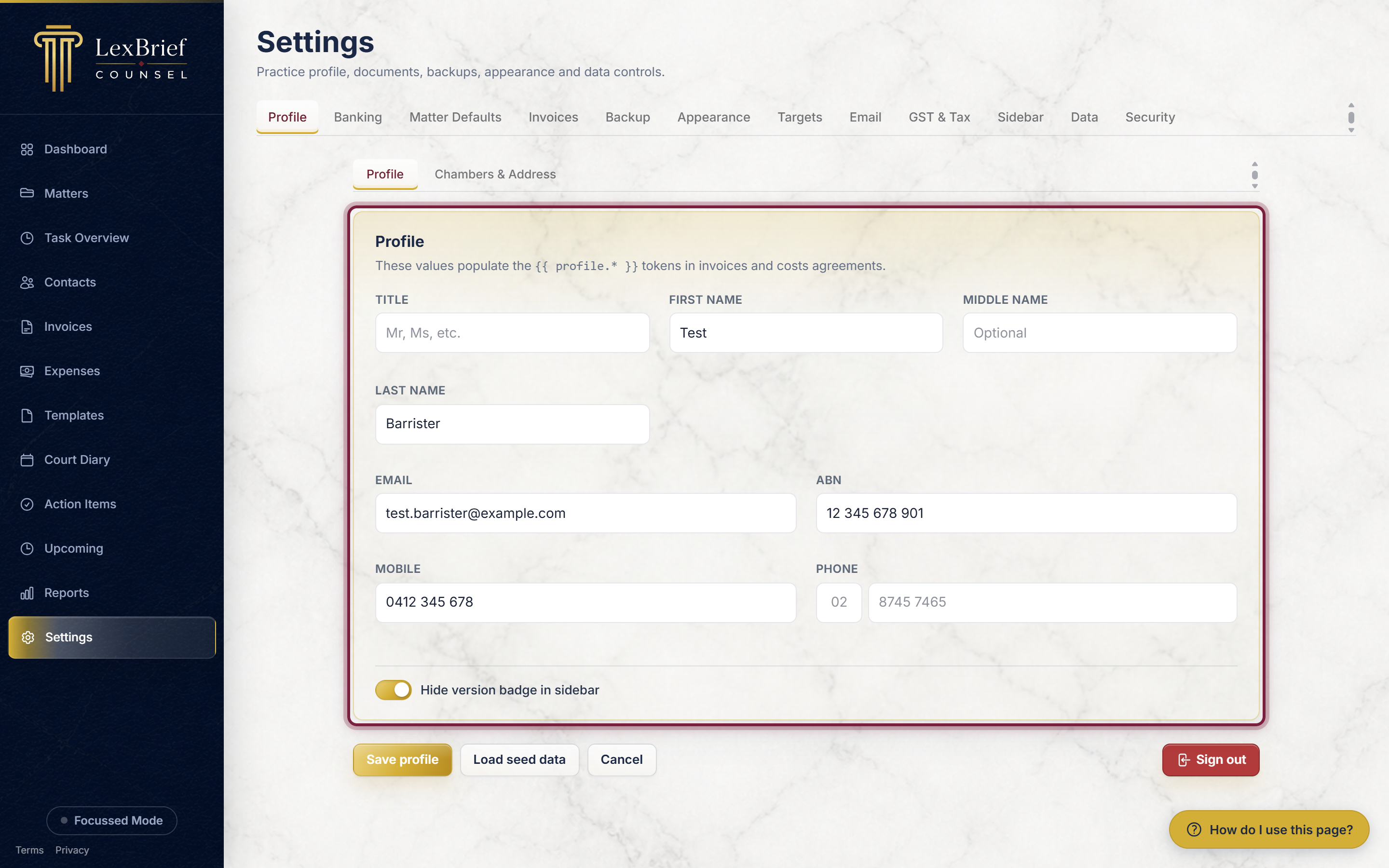The Profile tab, showing the practitioner name, email and ABN boxes