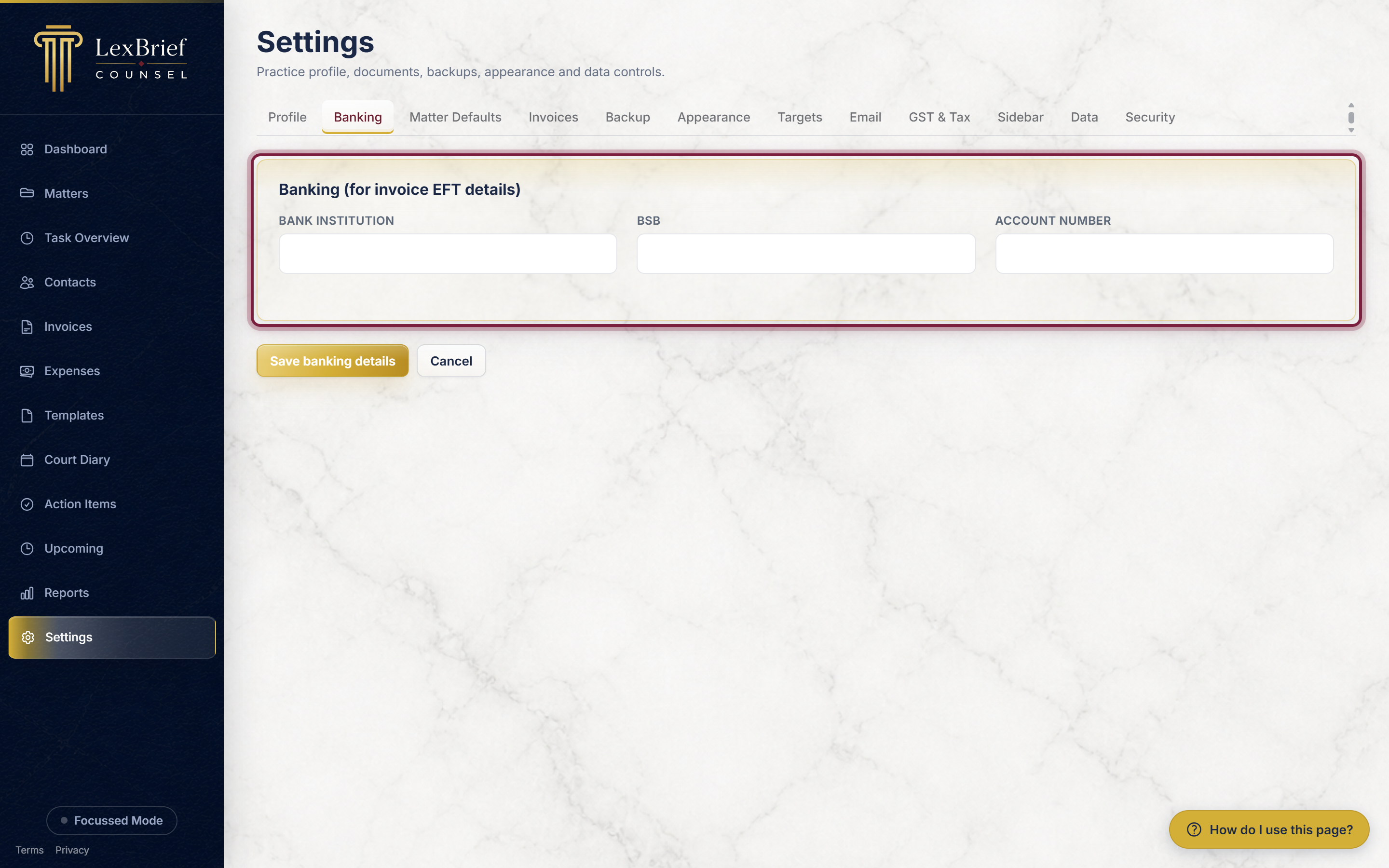 The Banking tab, showing the bank institution, BSB and account number boxes