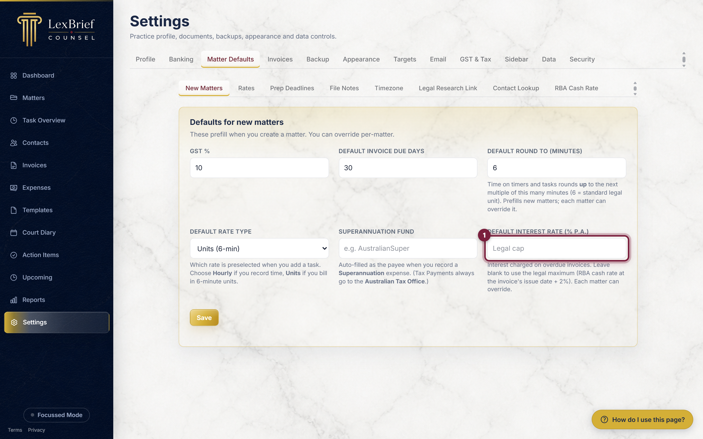 The Default interest rate box on the New Matters sub-tab, highlighted