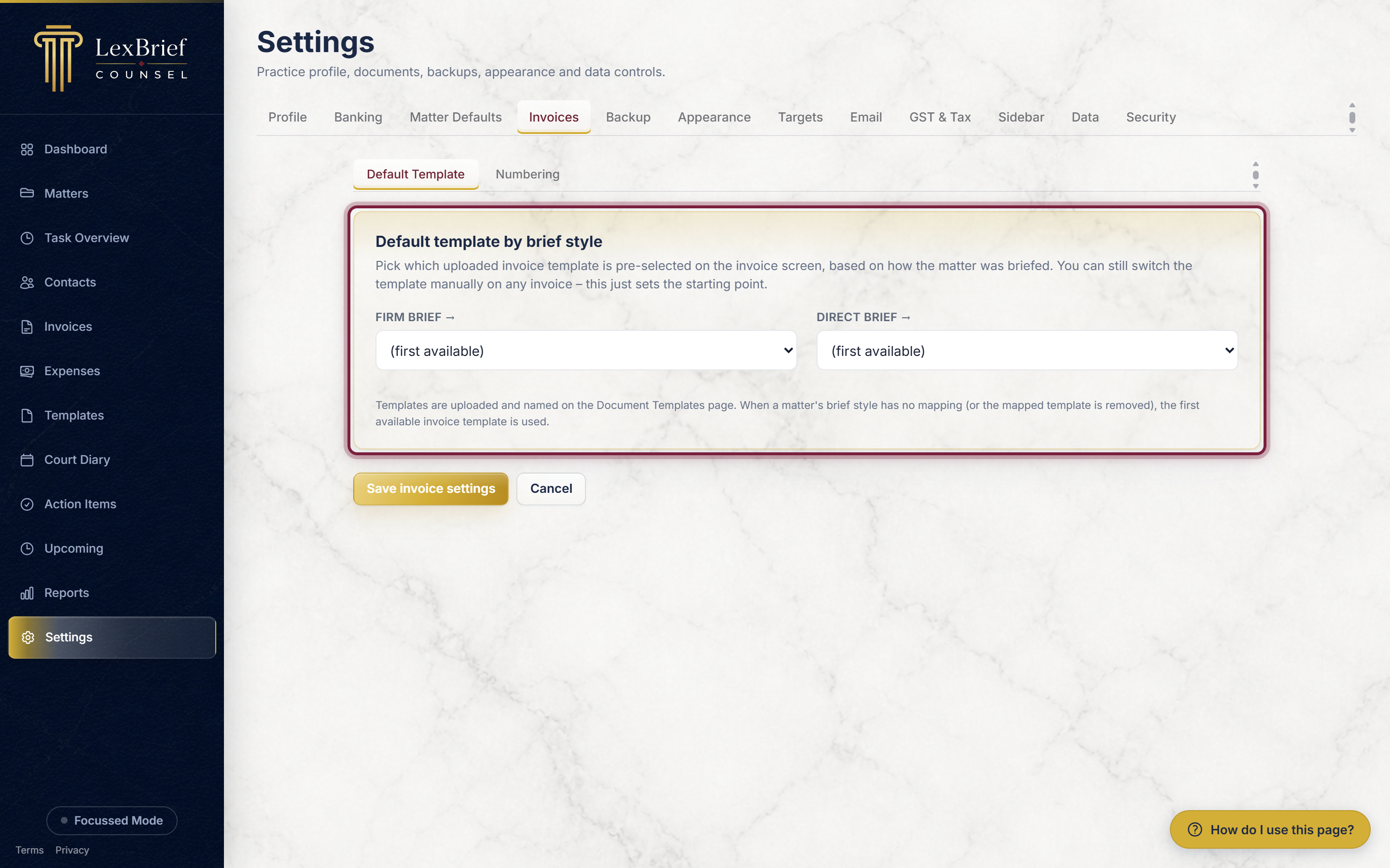 The Invoices tab, showing the invoice numbering options