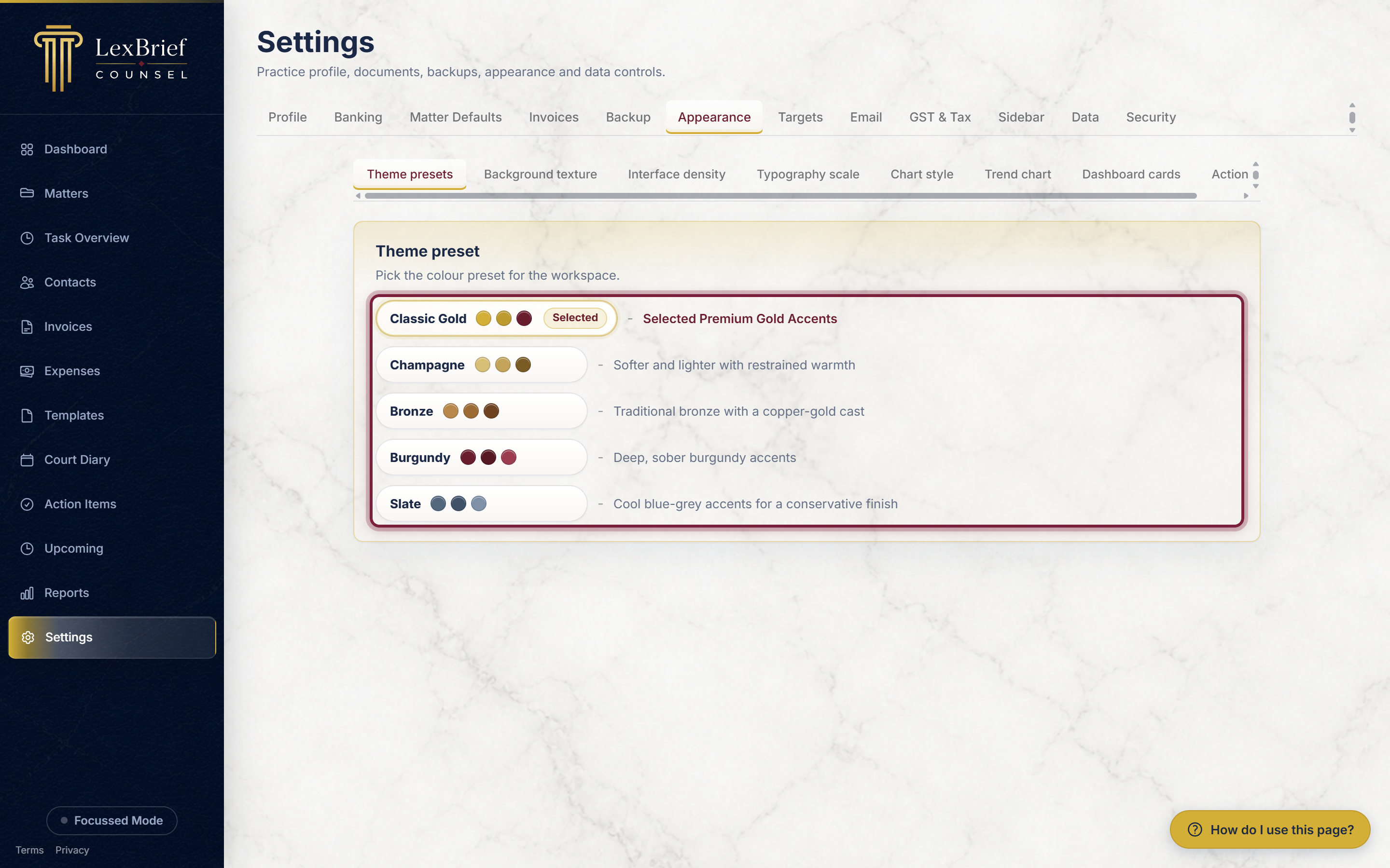 The Appearance tab showing the list of colour theme presets