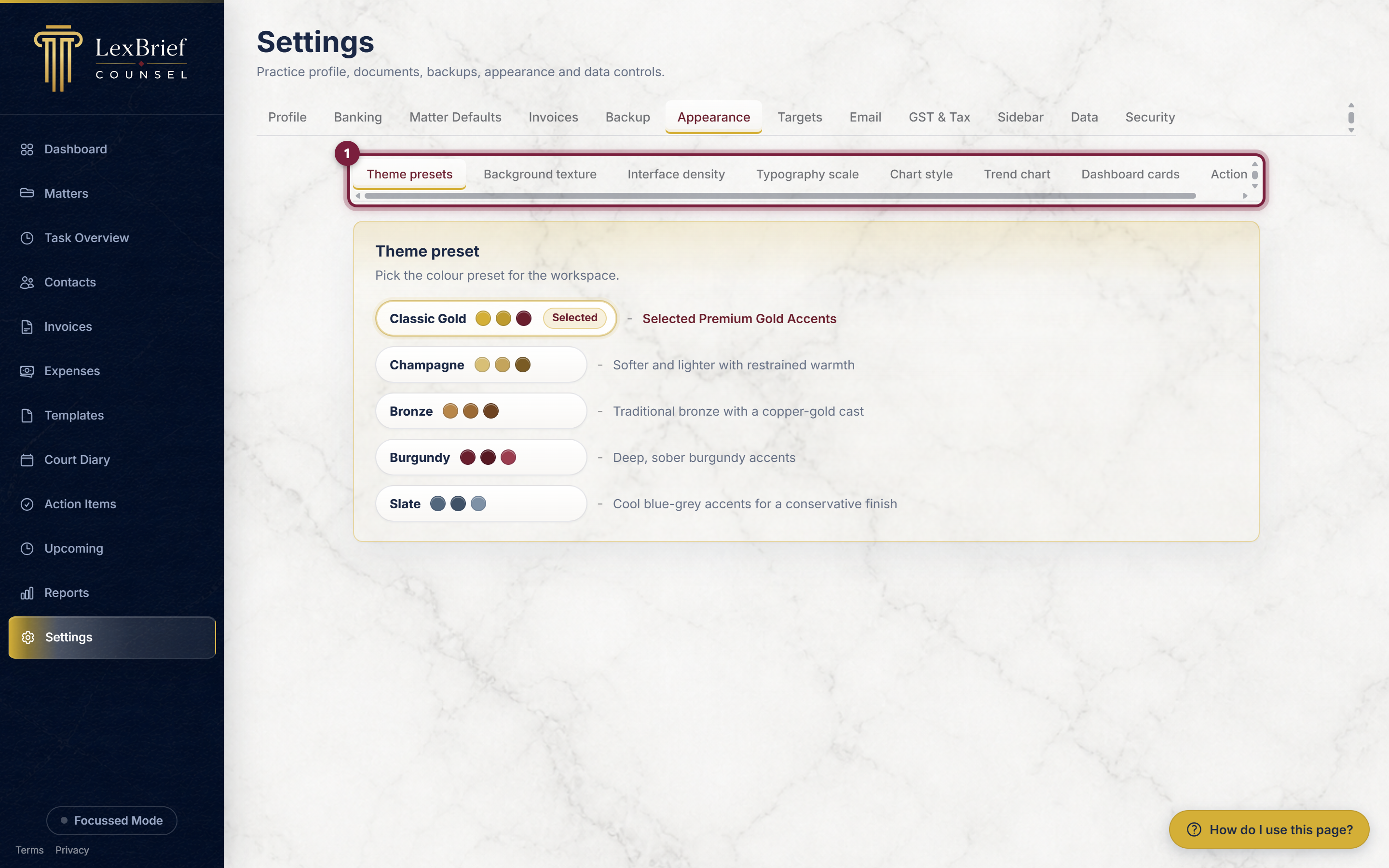 The inner row of tabs on the Appearance tab, highlighted