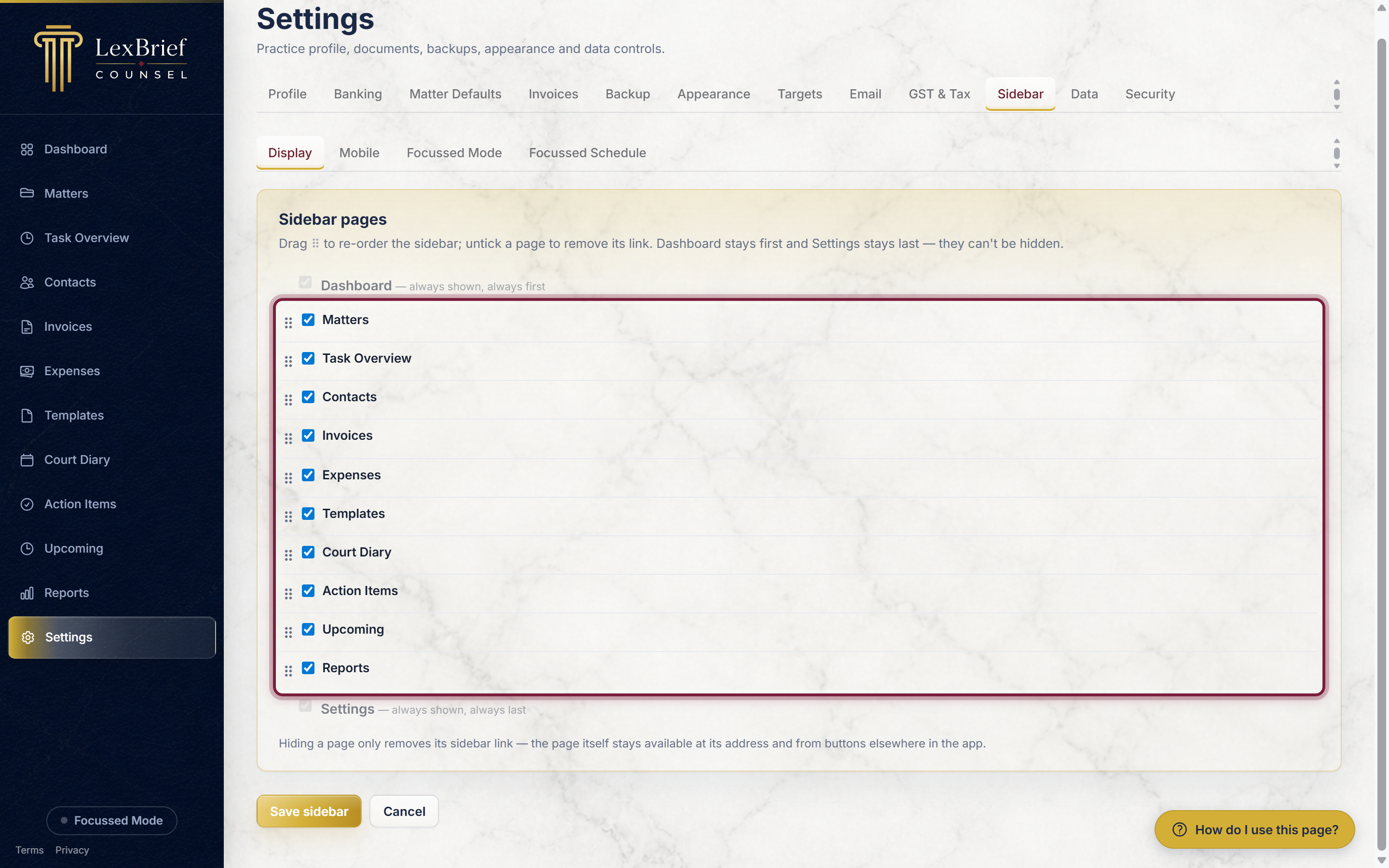 The Sidebar tab, showing the list of pages you can show, hide or re-order