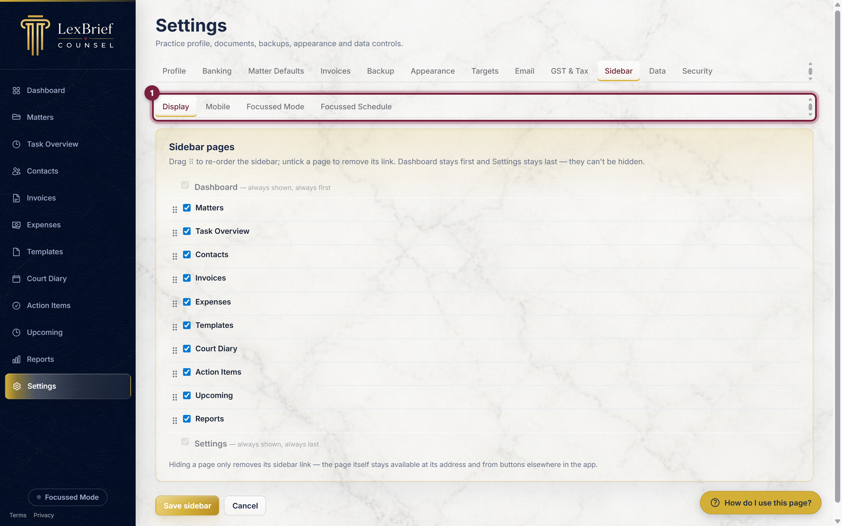 The inner tabs on the Sidebar tab, highlighted