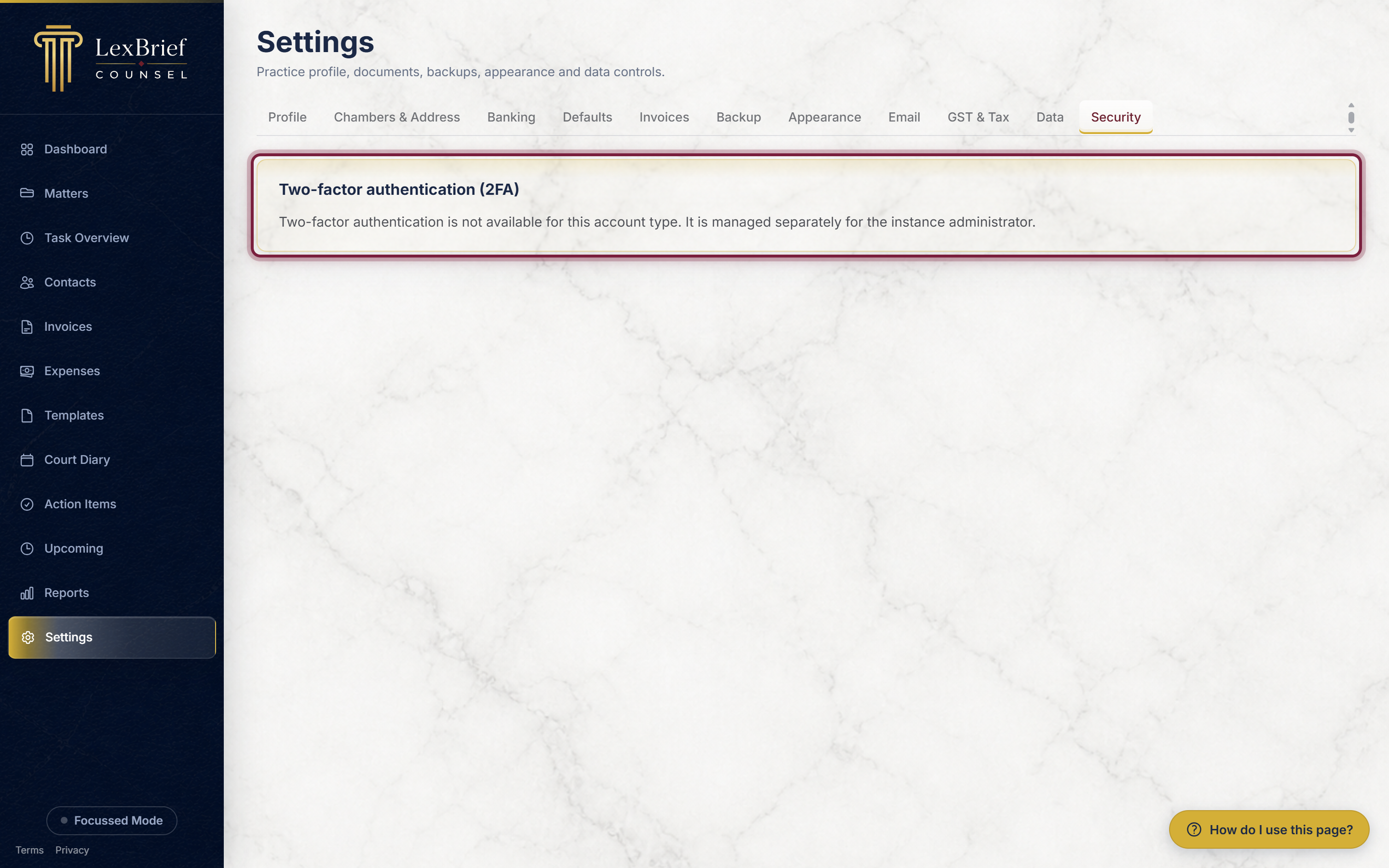 The Security tab of Settings