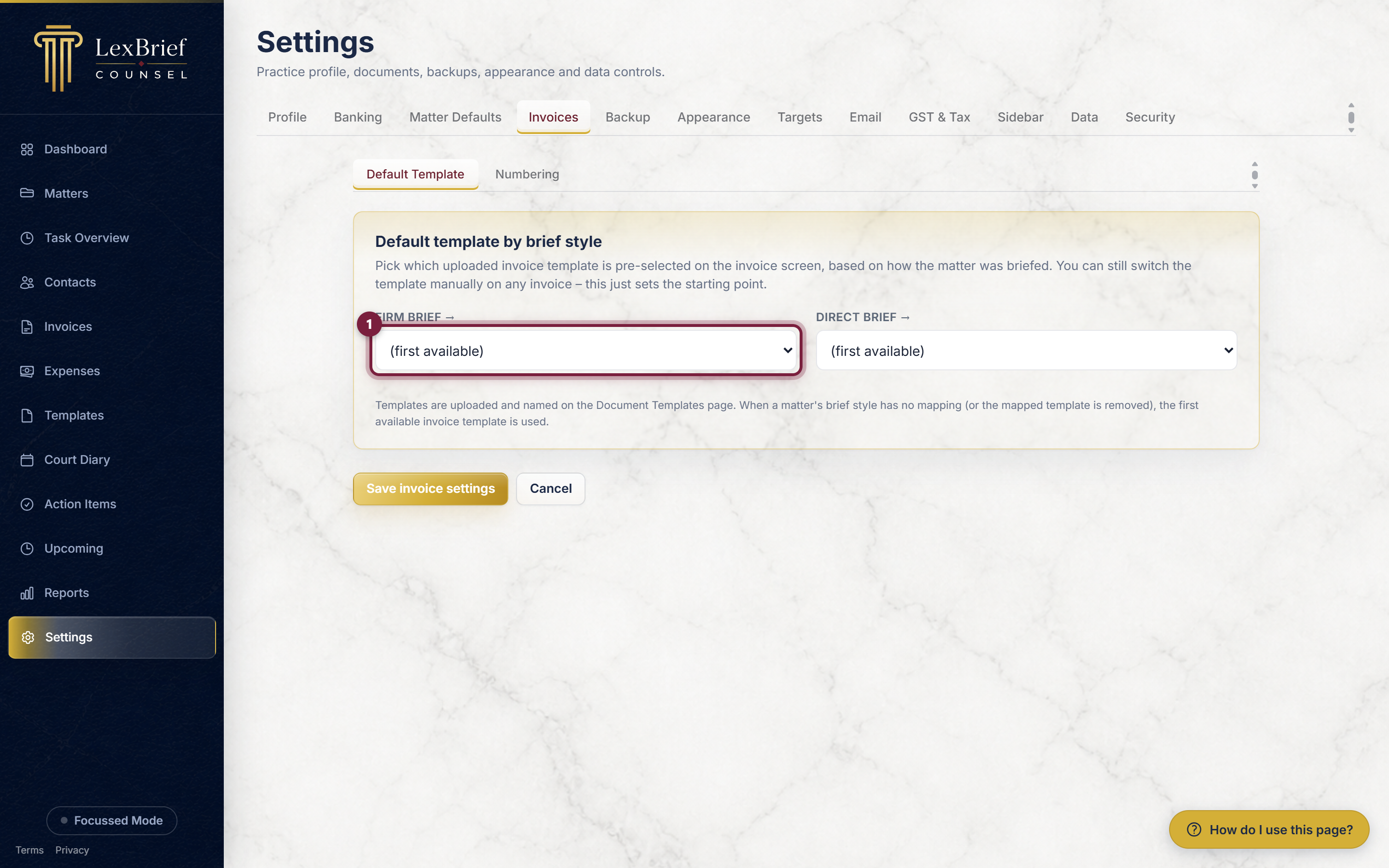 The Default template by brief style card on the Invoices tab of Settings, with the Firm brief list circled