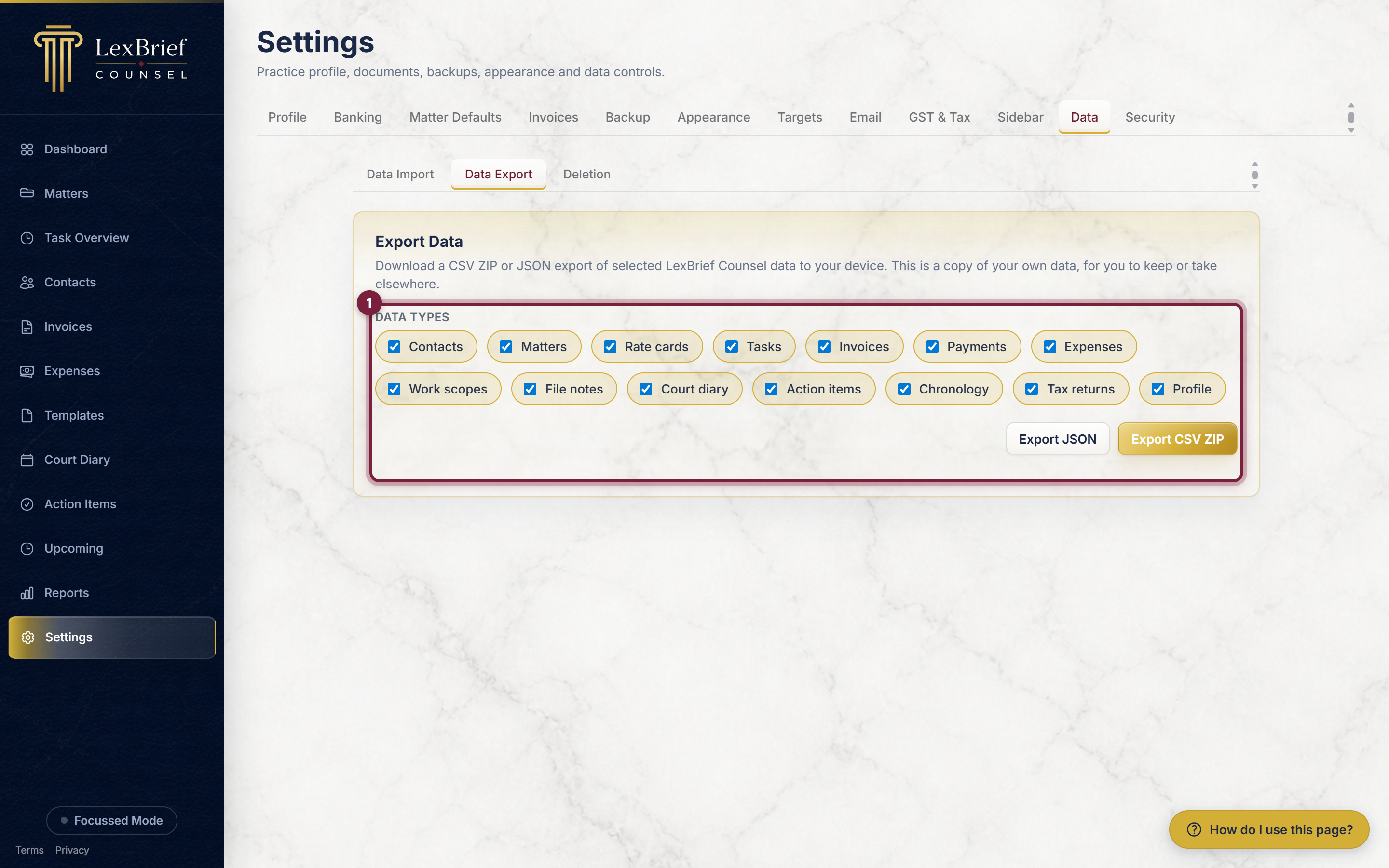 The Data Export panel, with the full set of data-type tick boxes circled