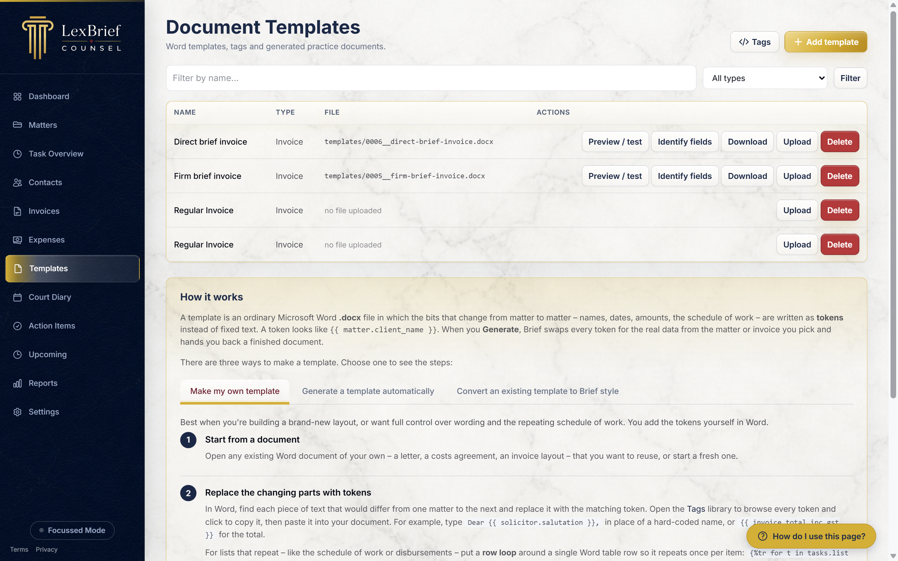 The Templates page, listing each template with its name, type, file and action buttons