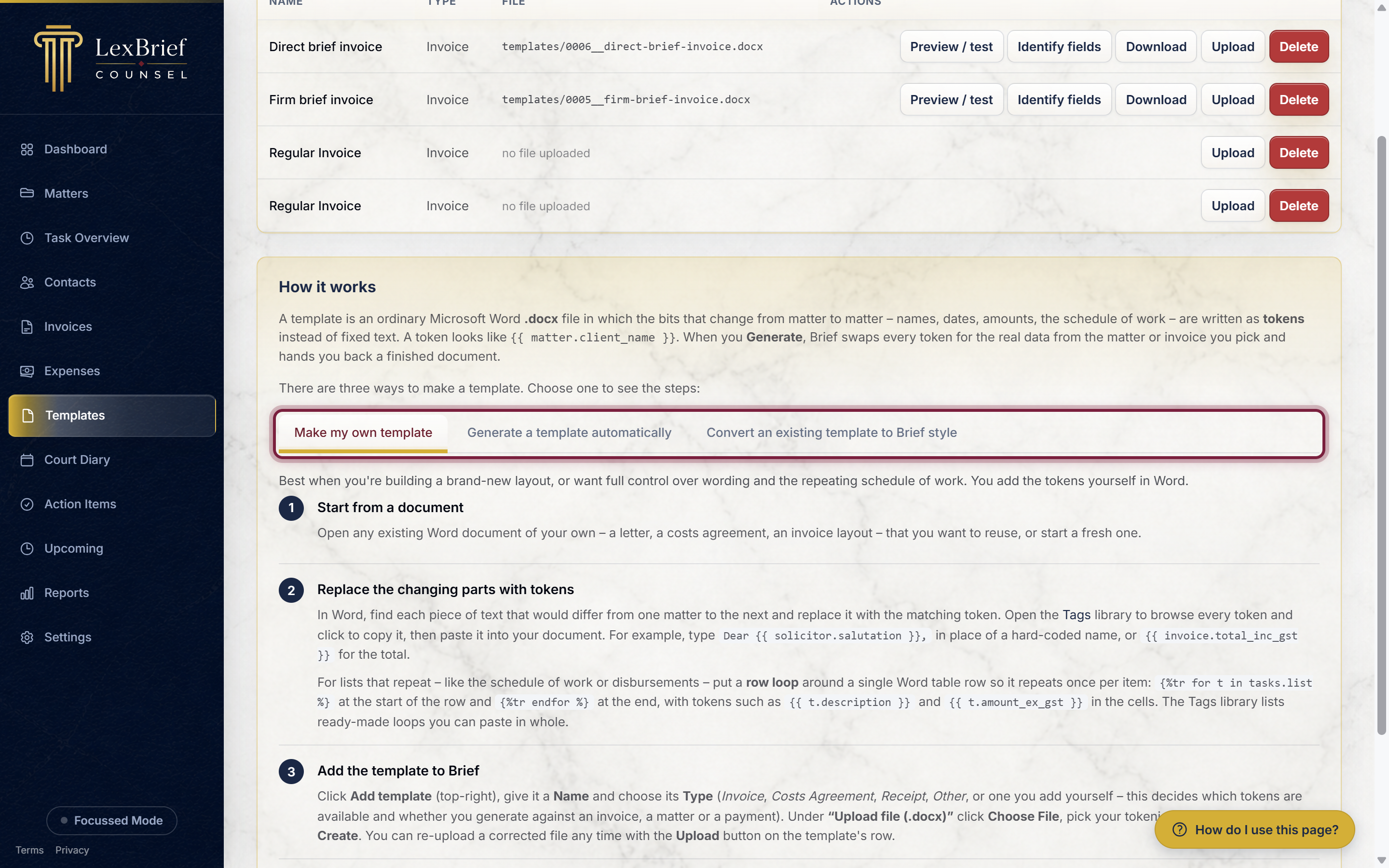 The three tabs in the How it works panel: Make my own template, Generate a template automatically, and Convert an existing template, circled