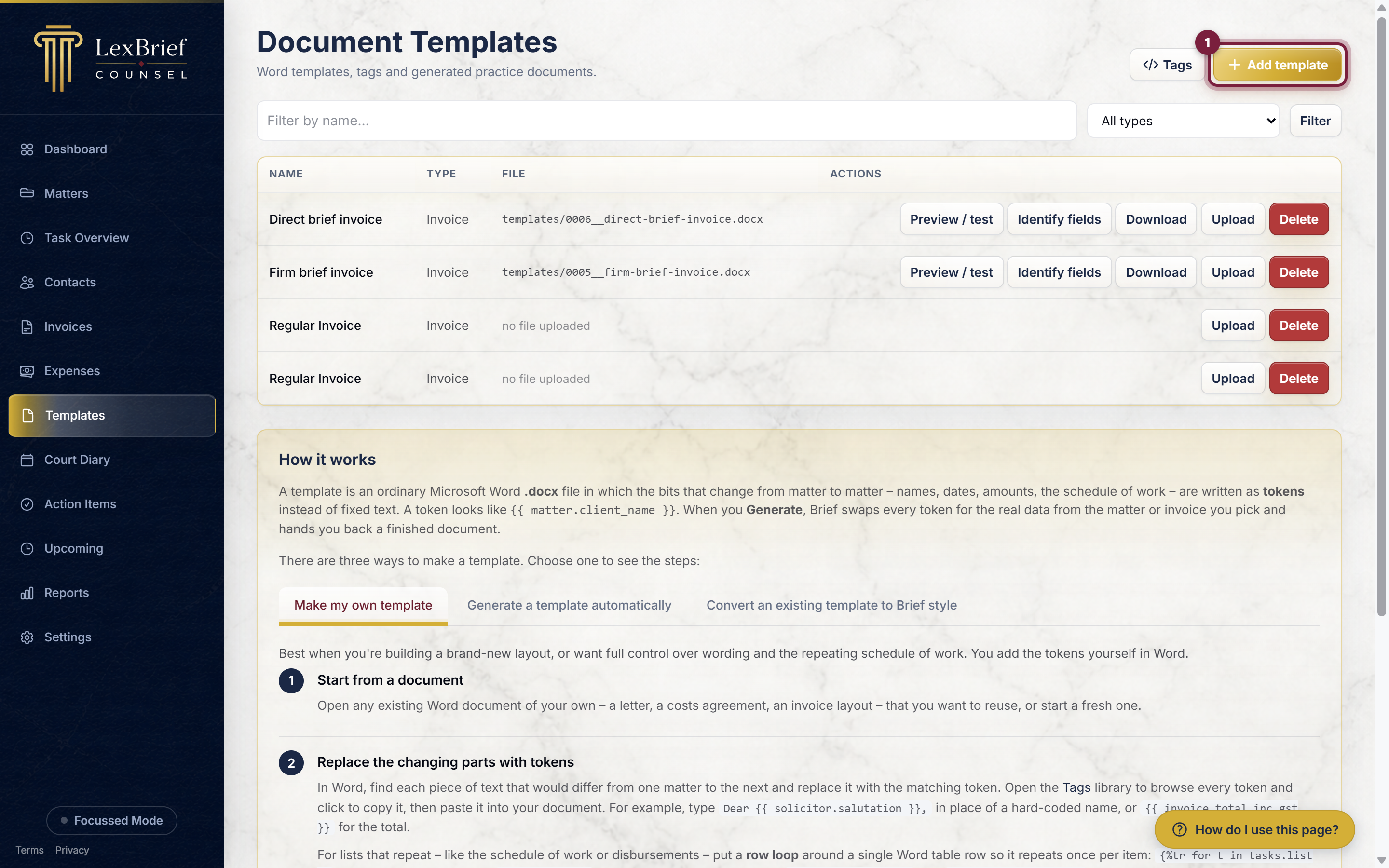 The Add template button in the top-right of the Templates page, circled
