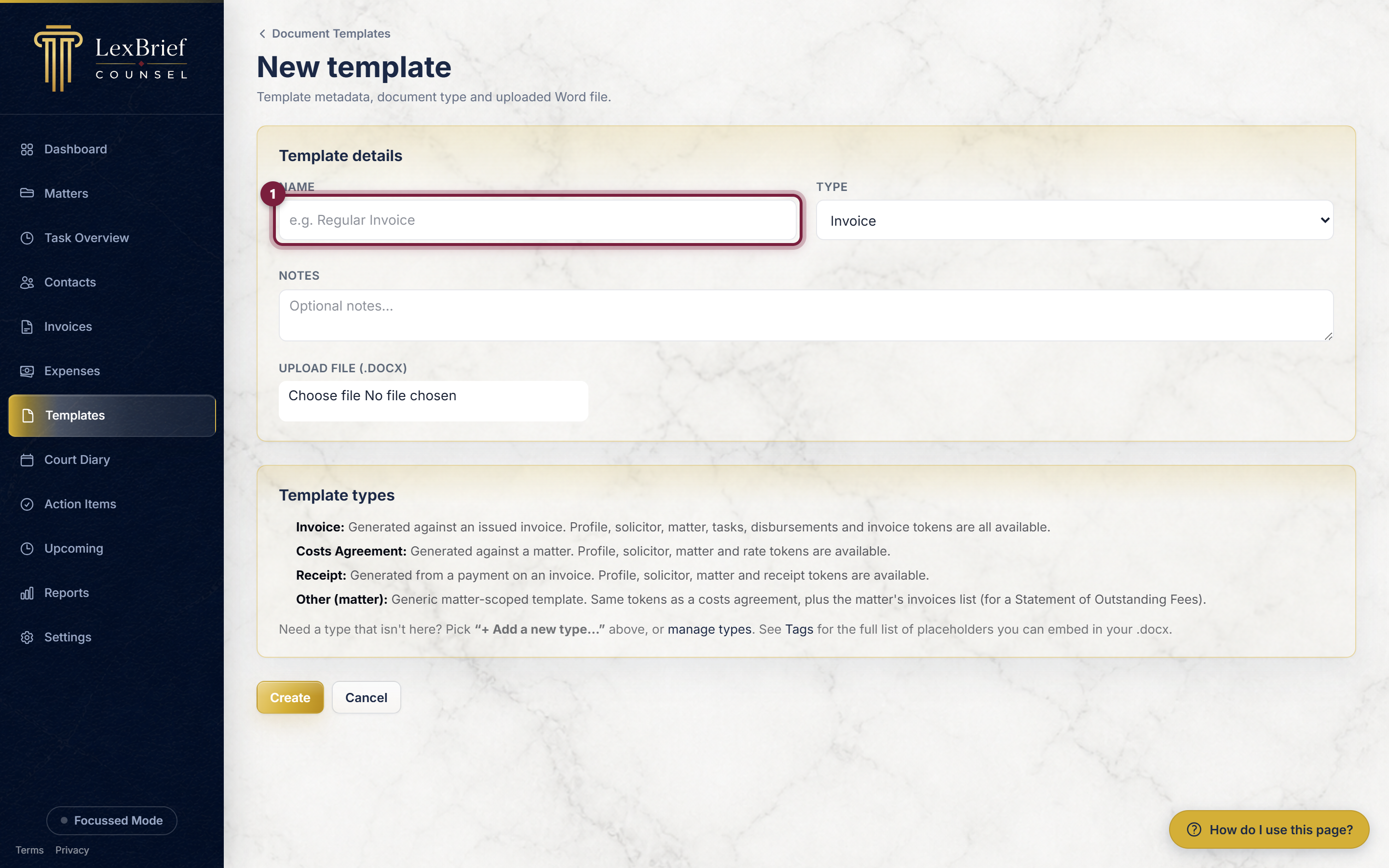 The new-template form, with the Name box circled