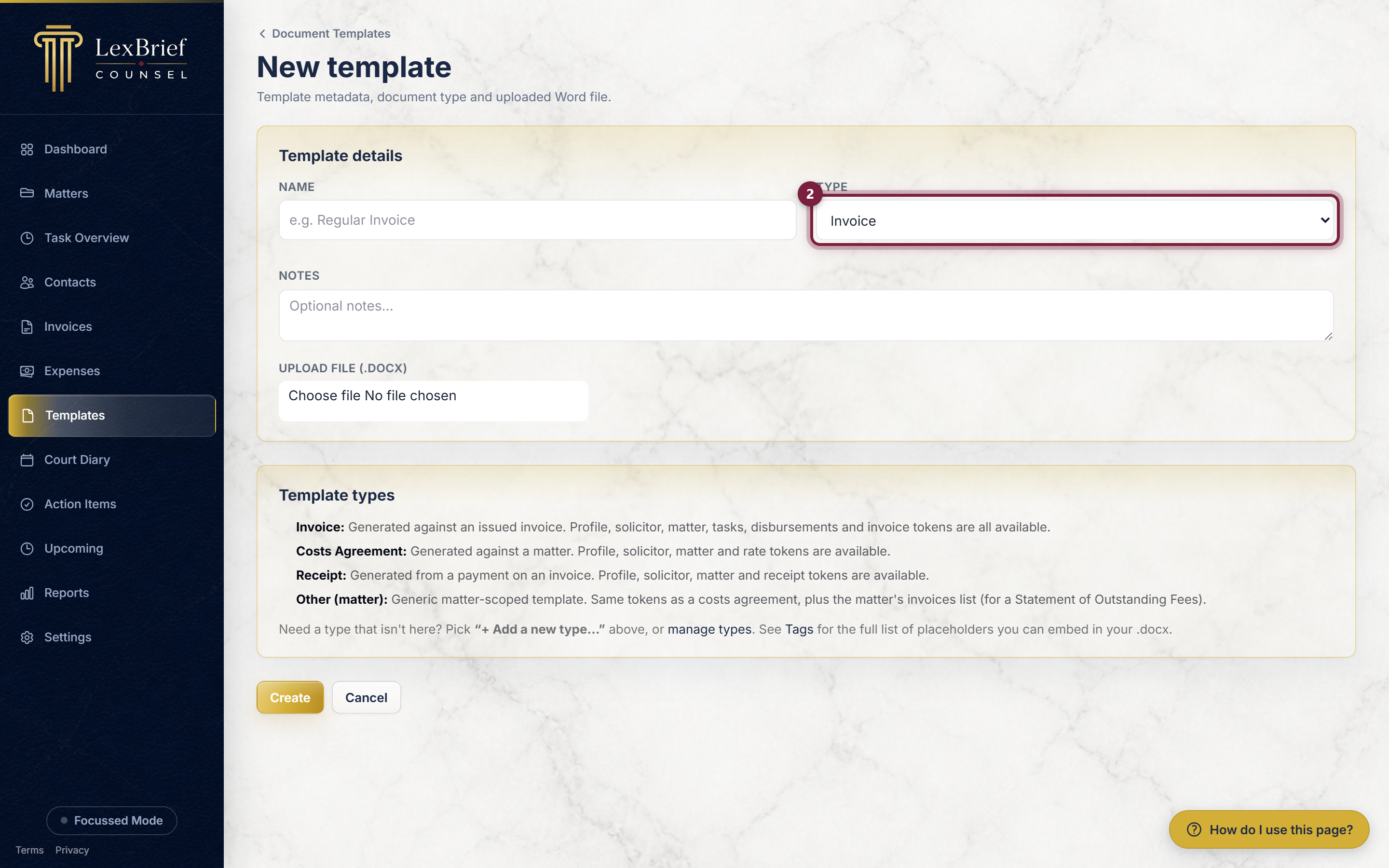 The Type list on the new-template form, circled