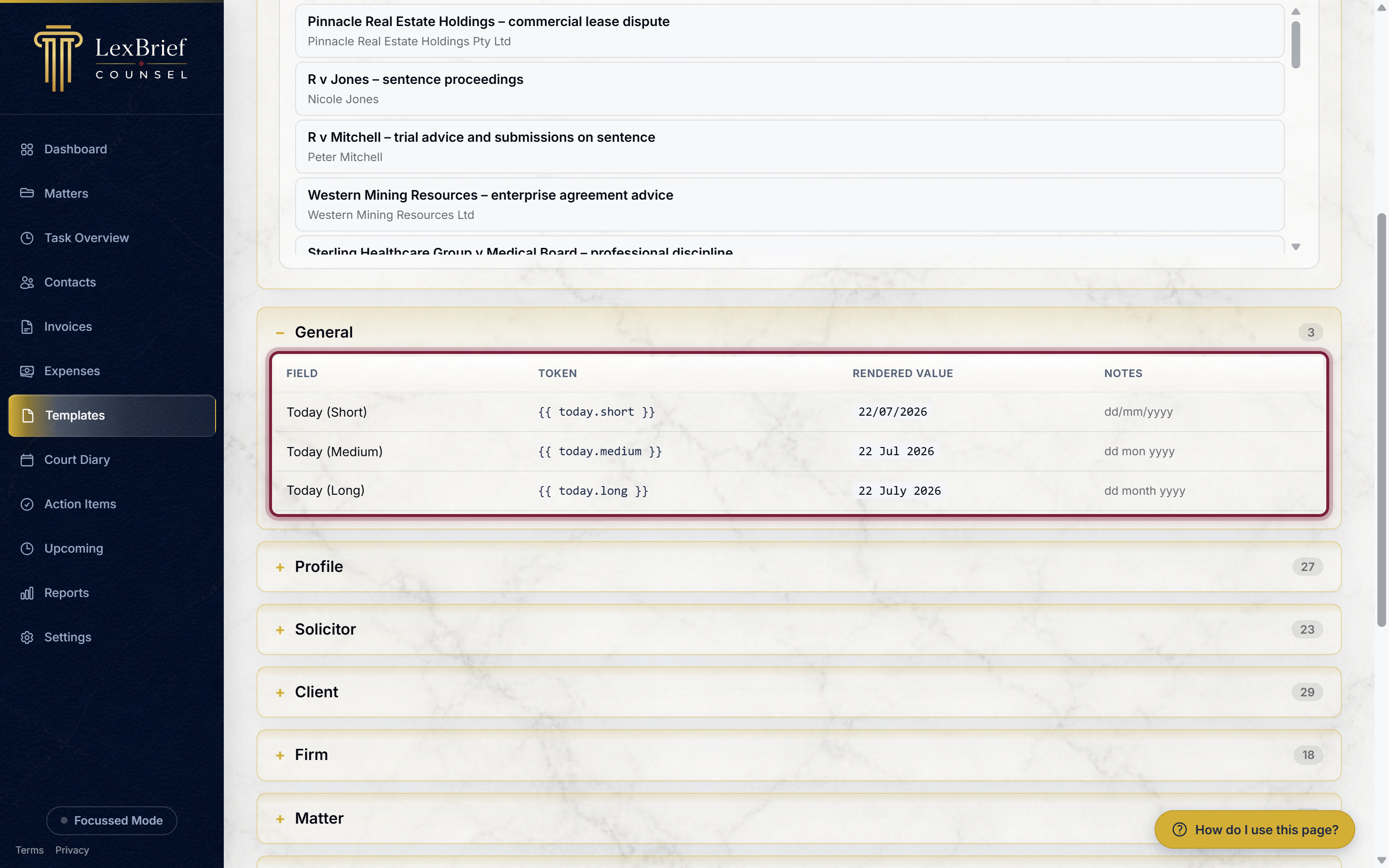The Tags page, showing a table of merge fields with their token and a rendered example value