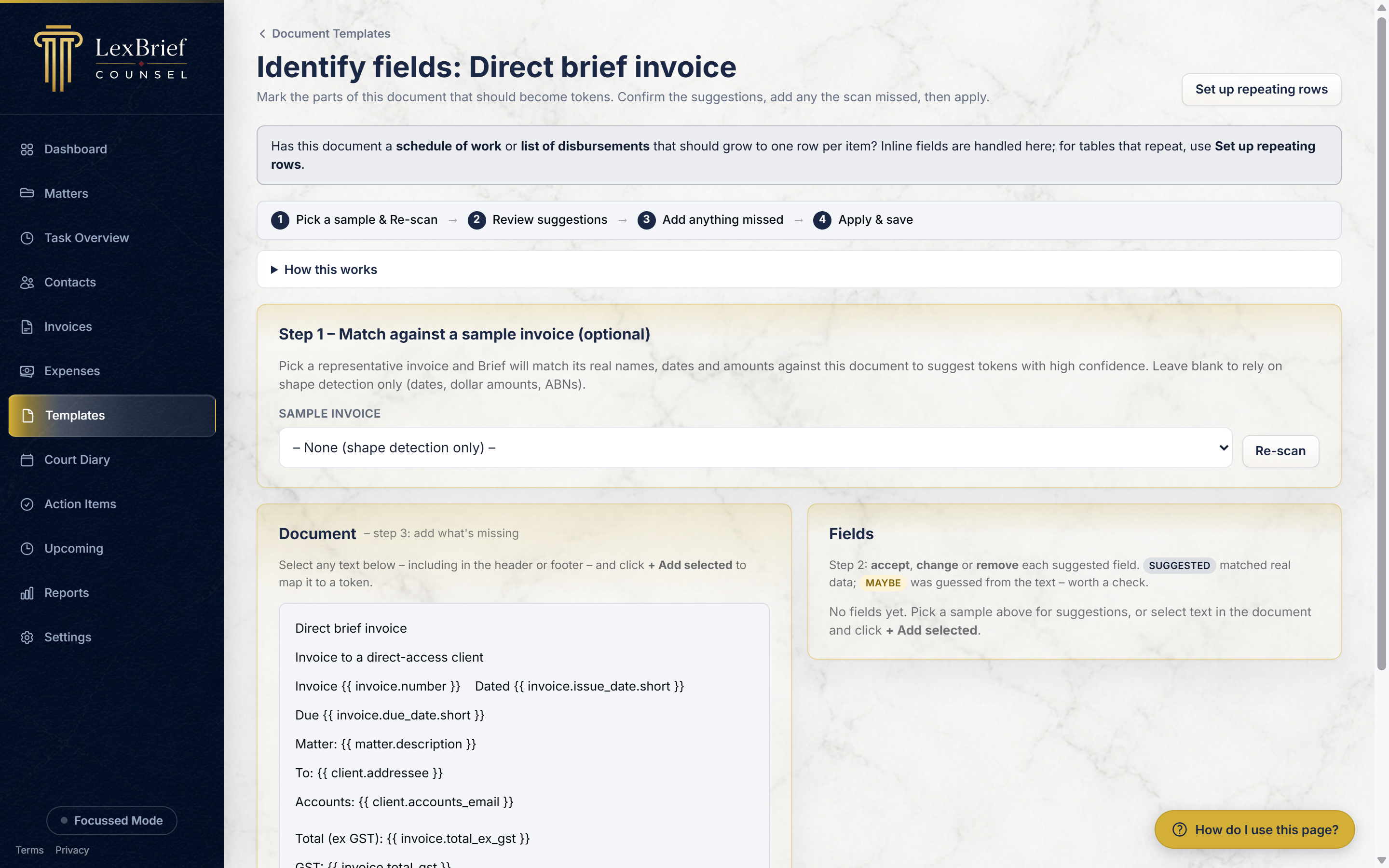 The Identify fields screen, showing the document on the left and the suggested merge fields on the right