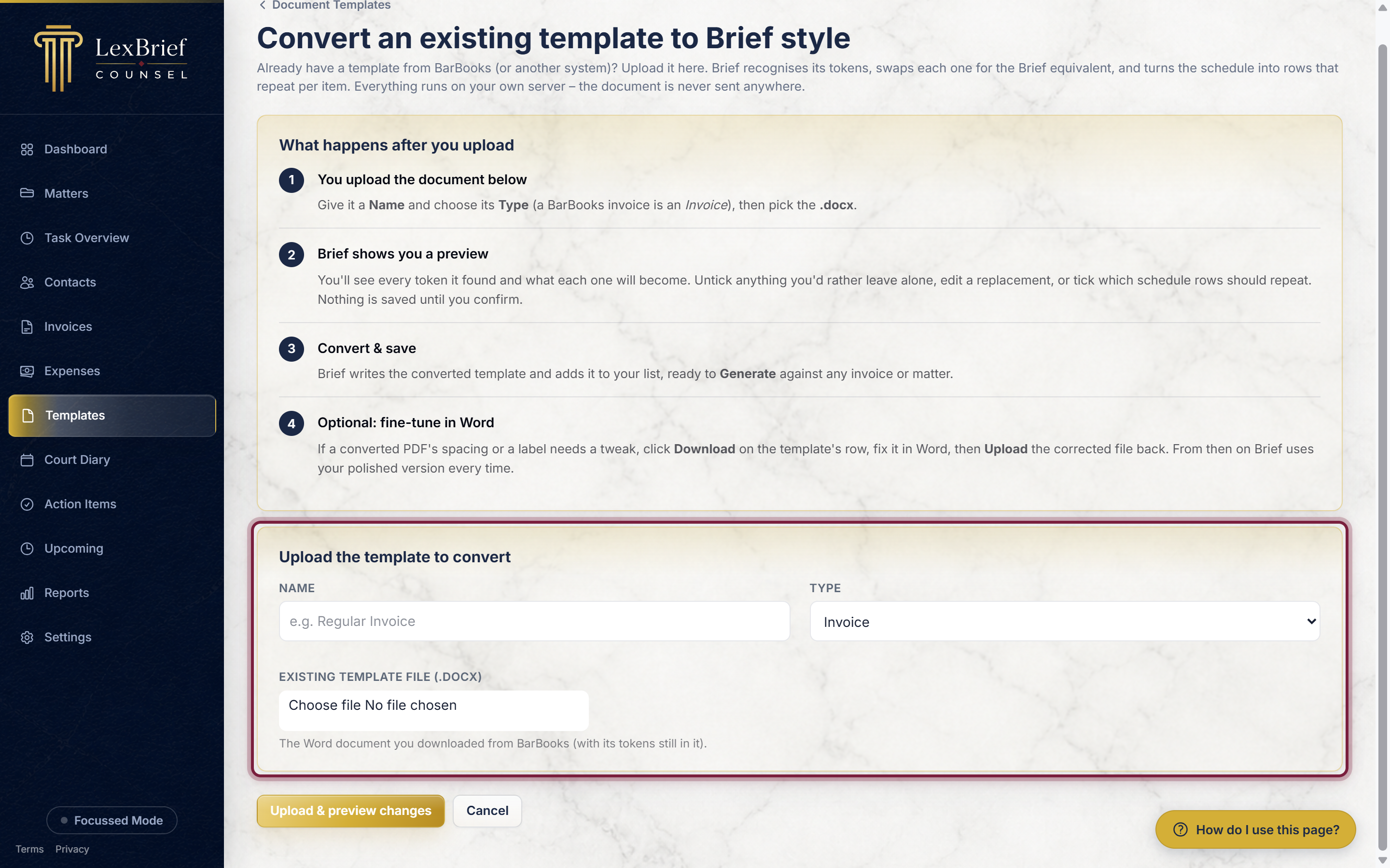 The Convert an existing template screen, where you name the template, choose its type and upload the BarBooks Word file