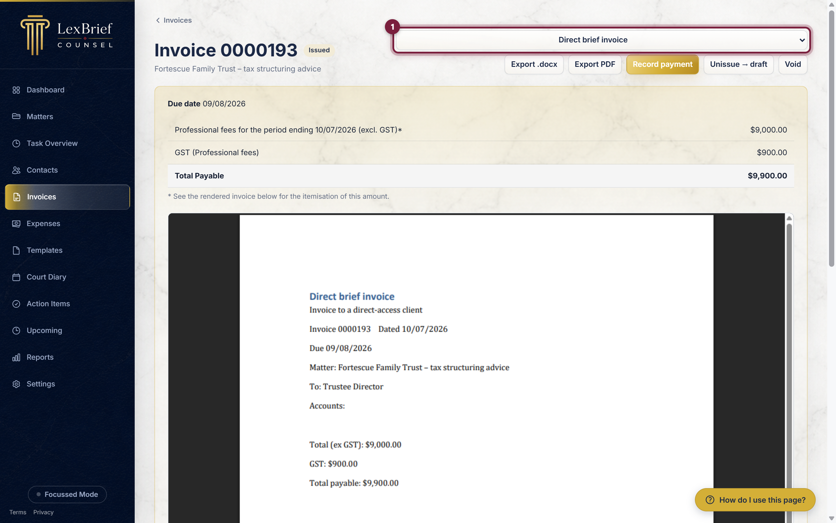 An issued invoice with the template list circled, next to the Export .docx and Export PDF buttons