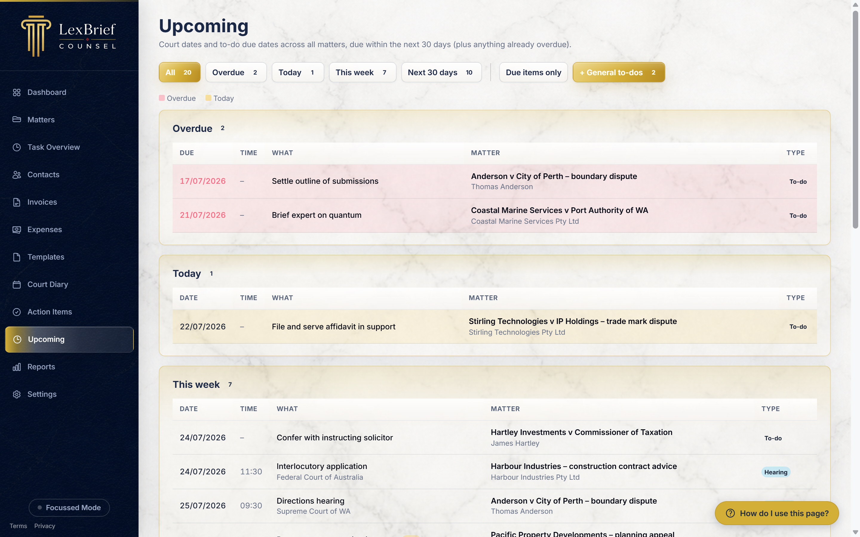 The Upcoming page, showing court dates and to-do items from every matter gathered into one list grouped by urgency