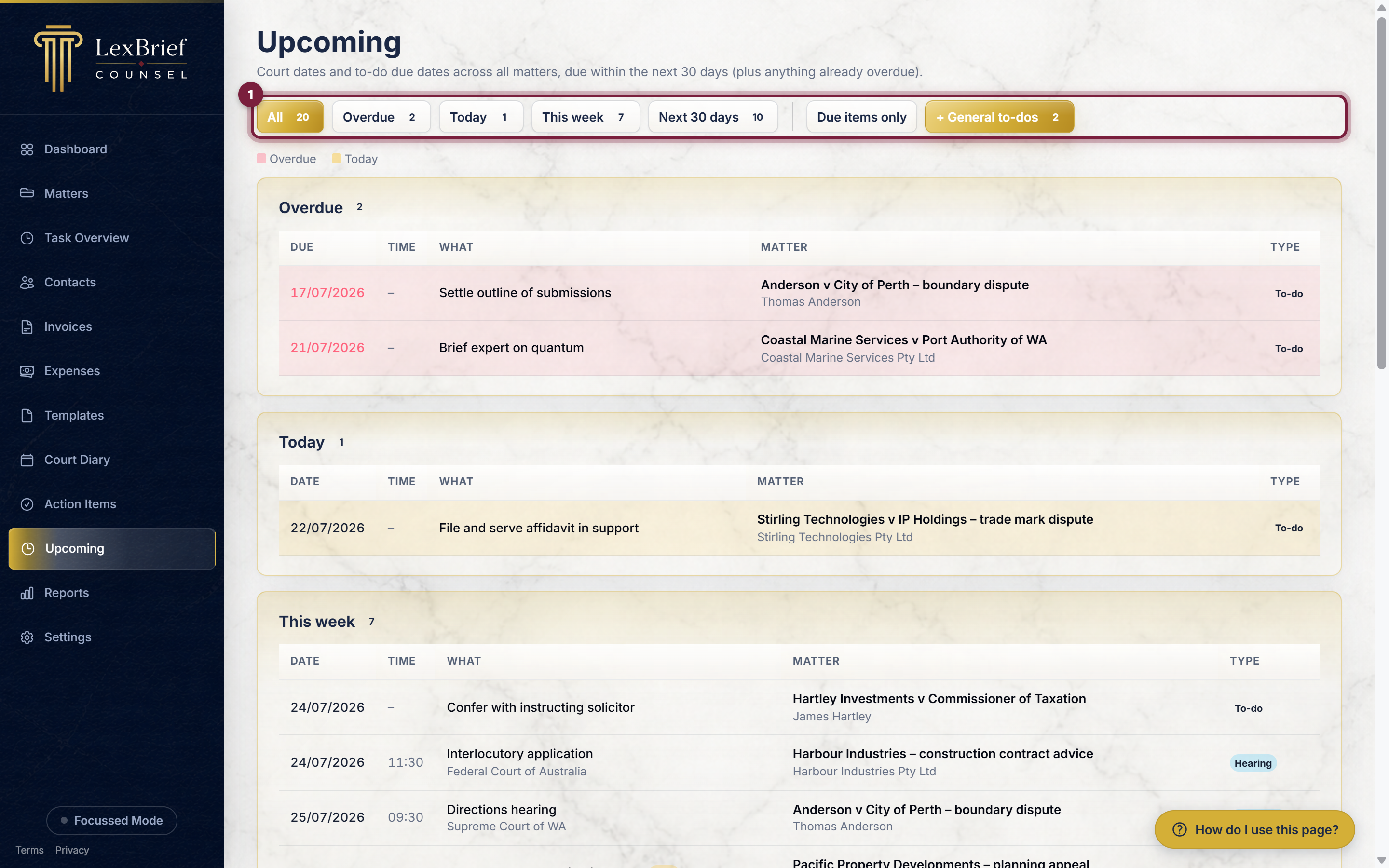 The row of time buttons across the top of the Upcoming page: All, Overdue, Today, This week, Next 30 days, circled