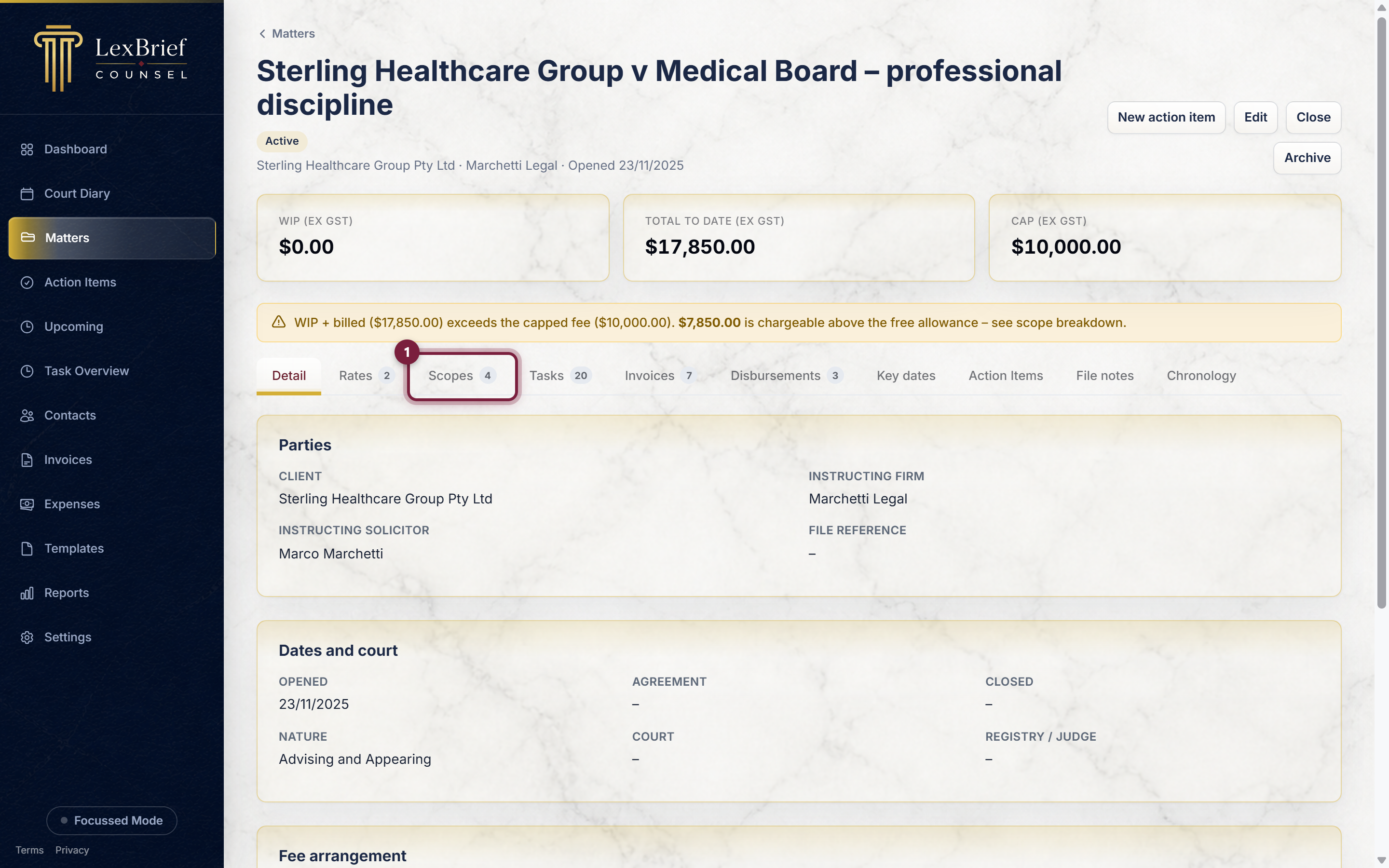 The Scopes tab on a capped matter's page, circled