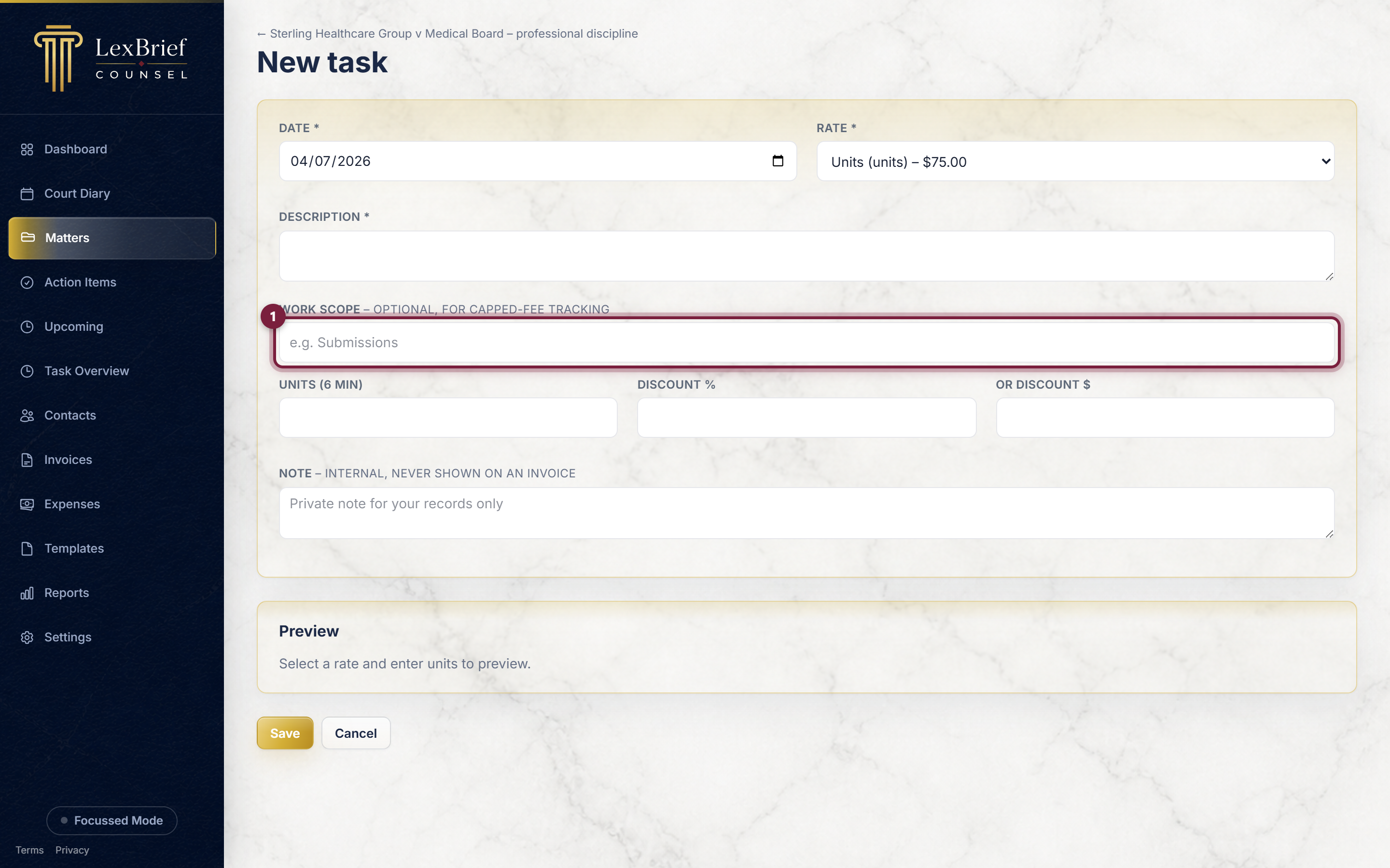The Work scope box on the new task form, circled