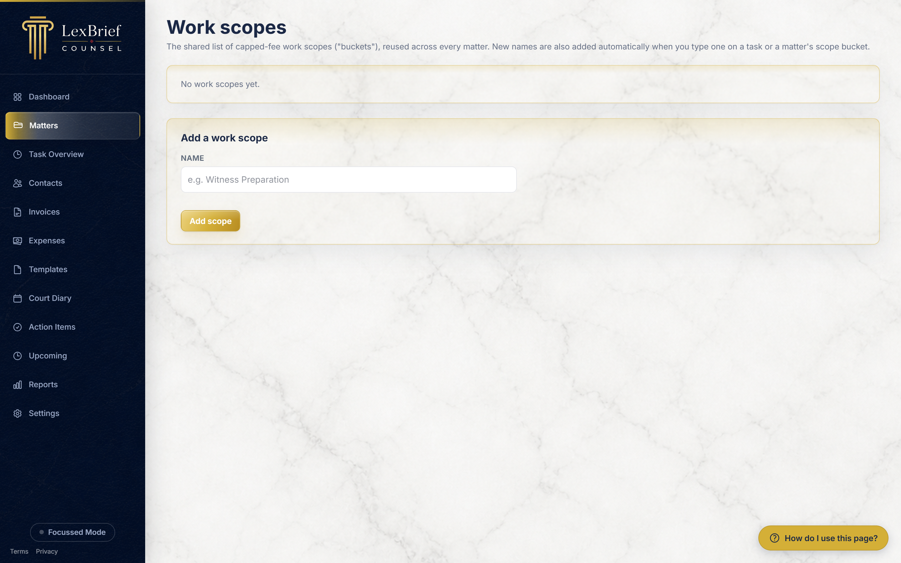 The Work scopes list page, showing the shared scope names with Save, Archive and Delete buttons