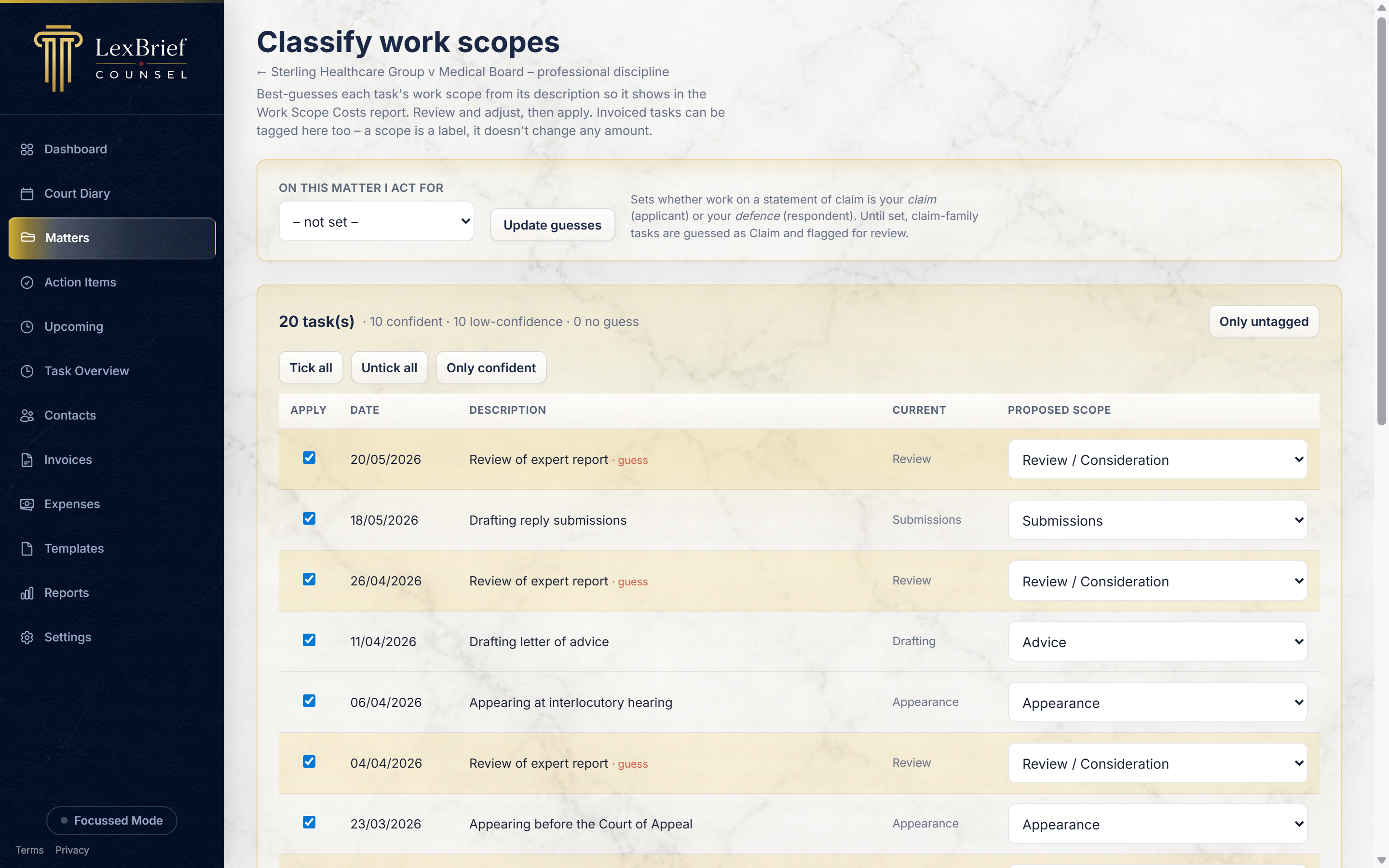 The Classify work scopes screen, listing each task with a suggested scope and a tick box to apply it