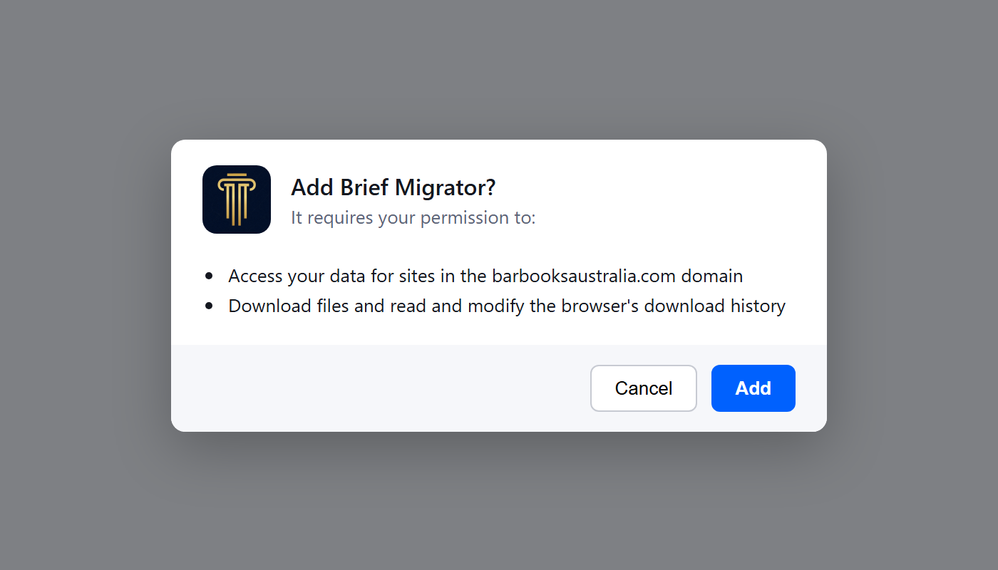 Firefox install dialog asking to add the Brief Migrator extension