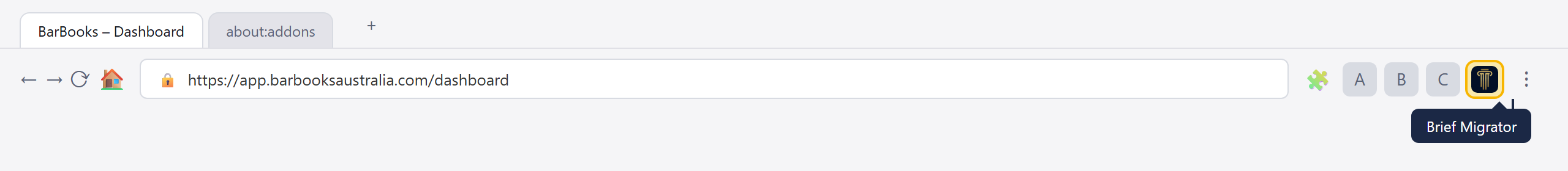 Firefox toolbar showing the Brief Migrator icon pinned at the top-right