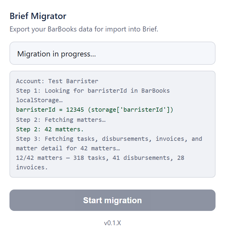 Migrator popup showing the running progress log