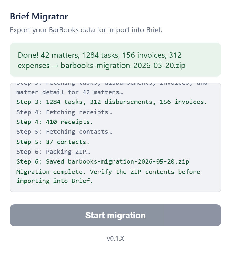 Migrator popup showing the green 'Done!' message