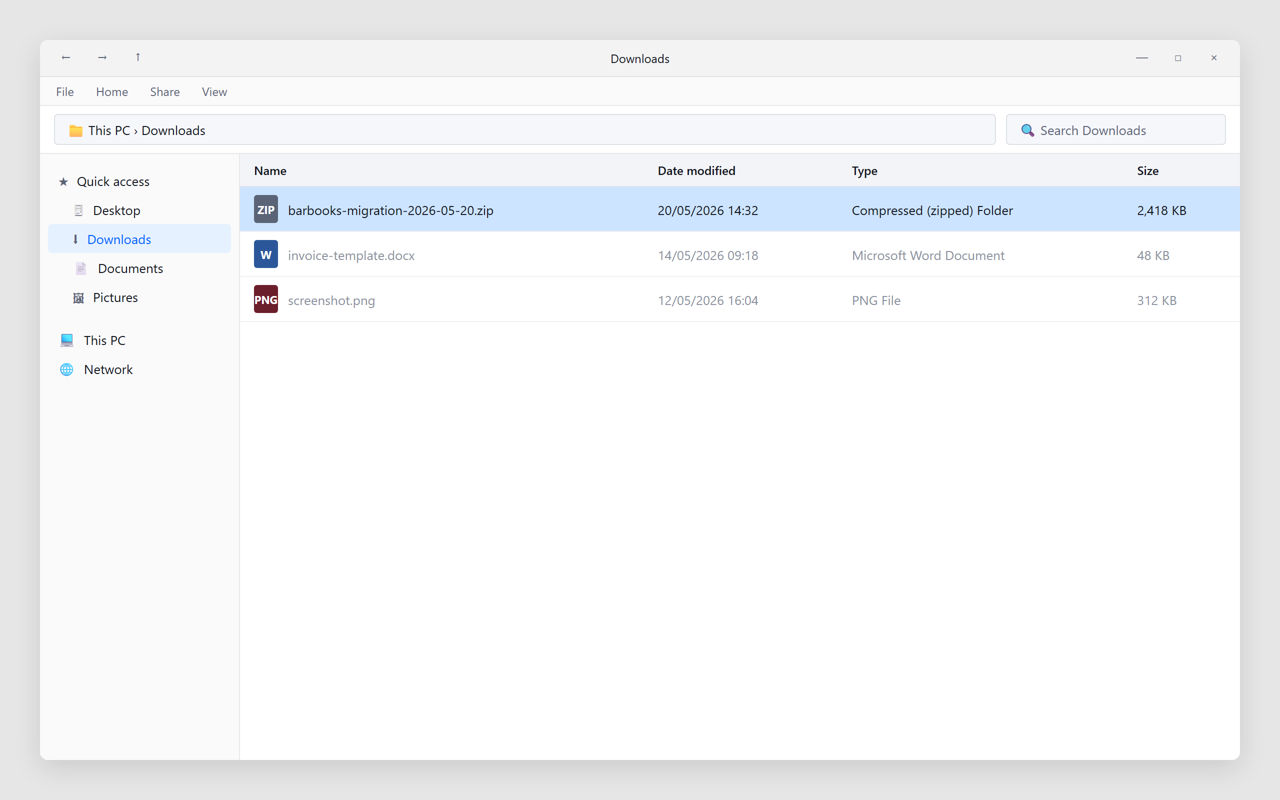 Downloads folder showing the barbooks-migration ZIP file