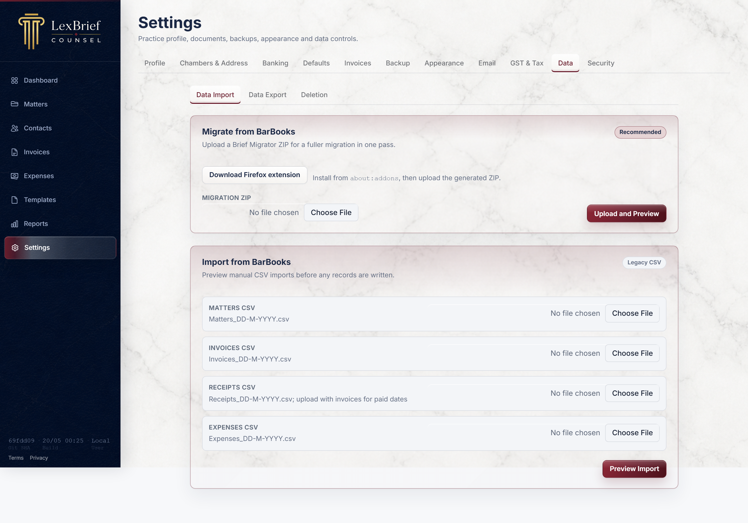 LexBrief Settings → Data → Migrate from BarBooks page