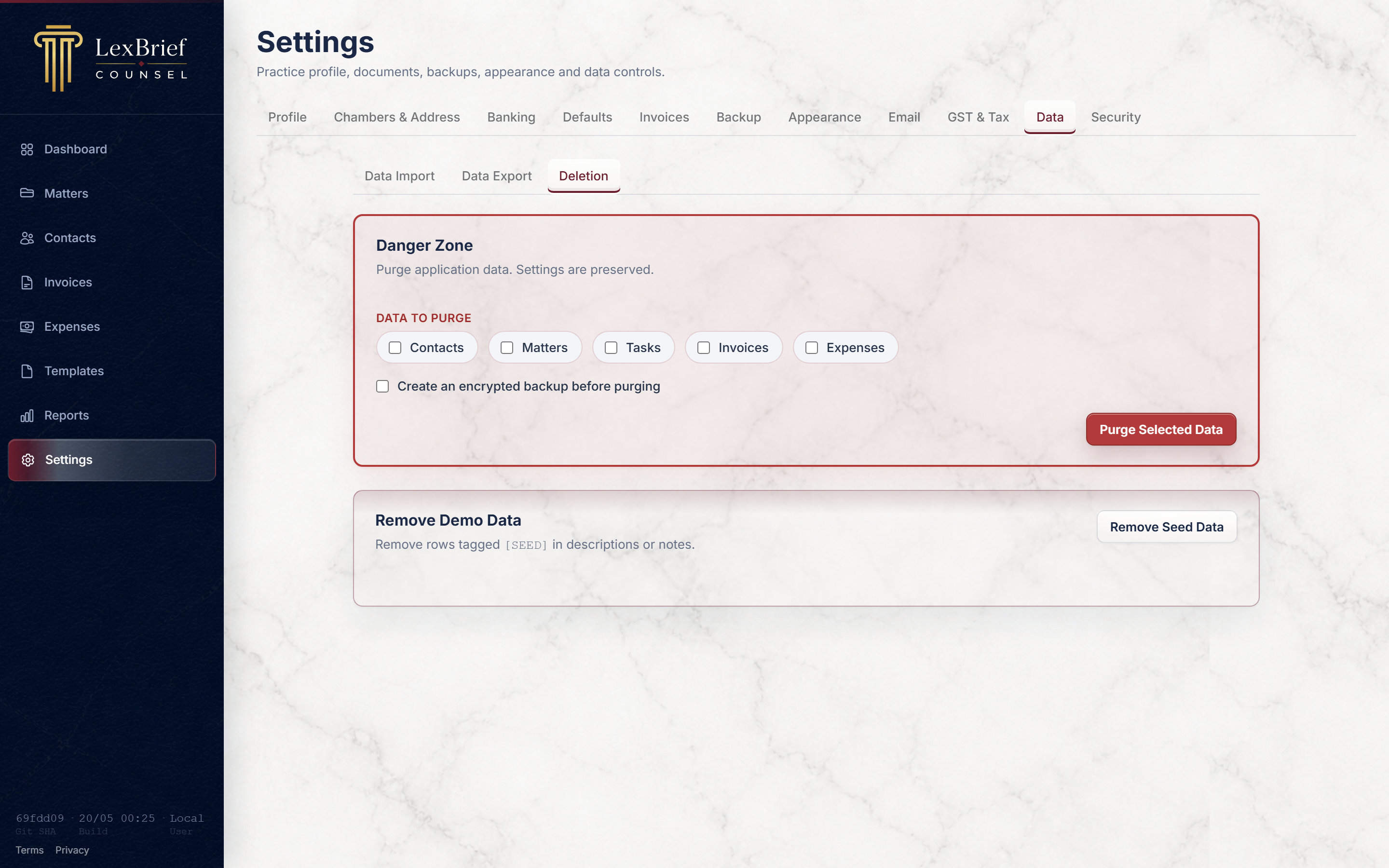 LexBrief Settings → Data → Deletion tab showing the Danger Zone
